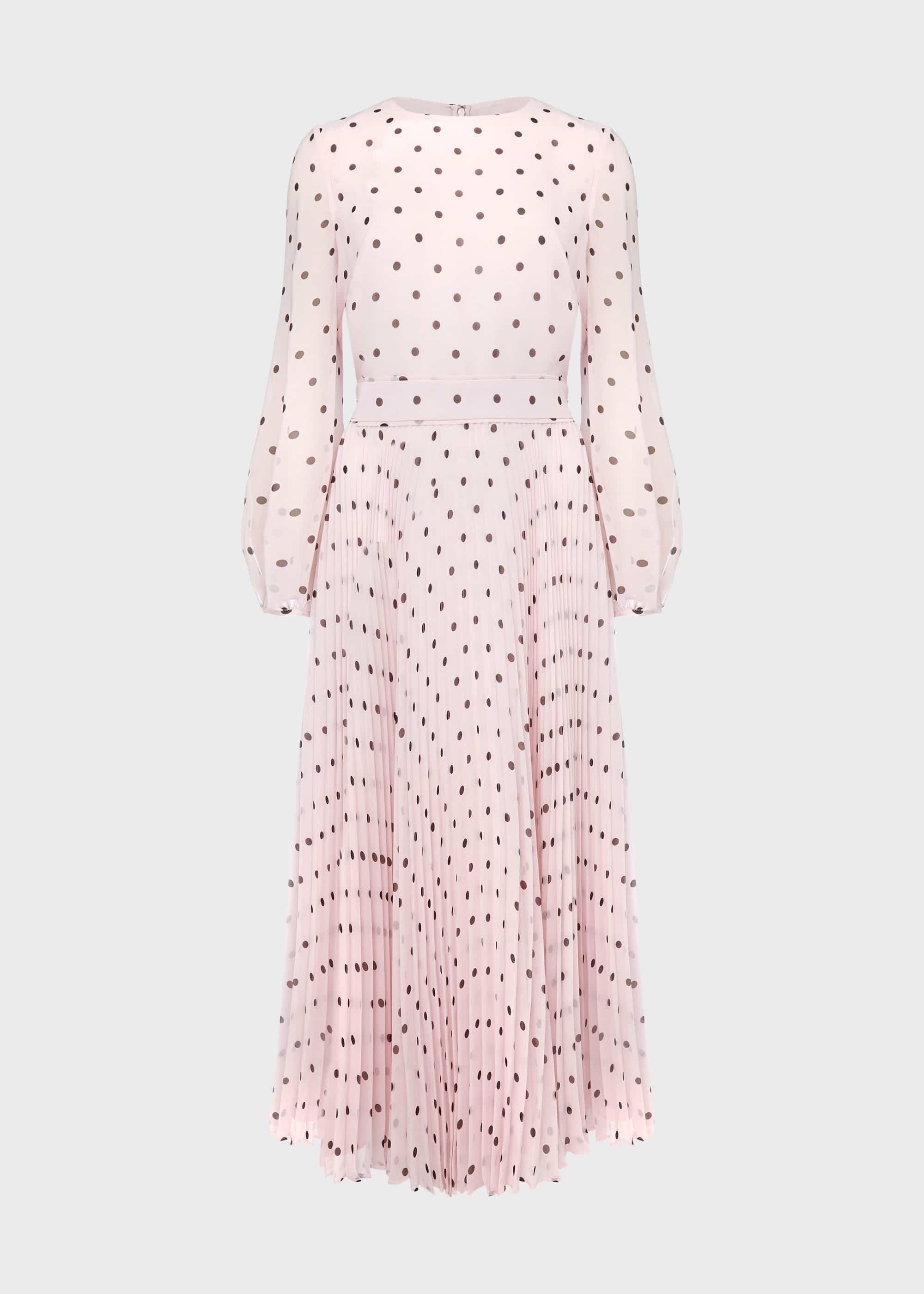 Selena Spot Pleated Dress, Pale Pink Black, hi-res