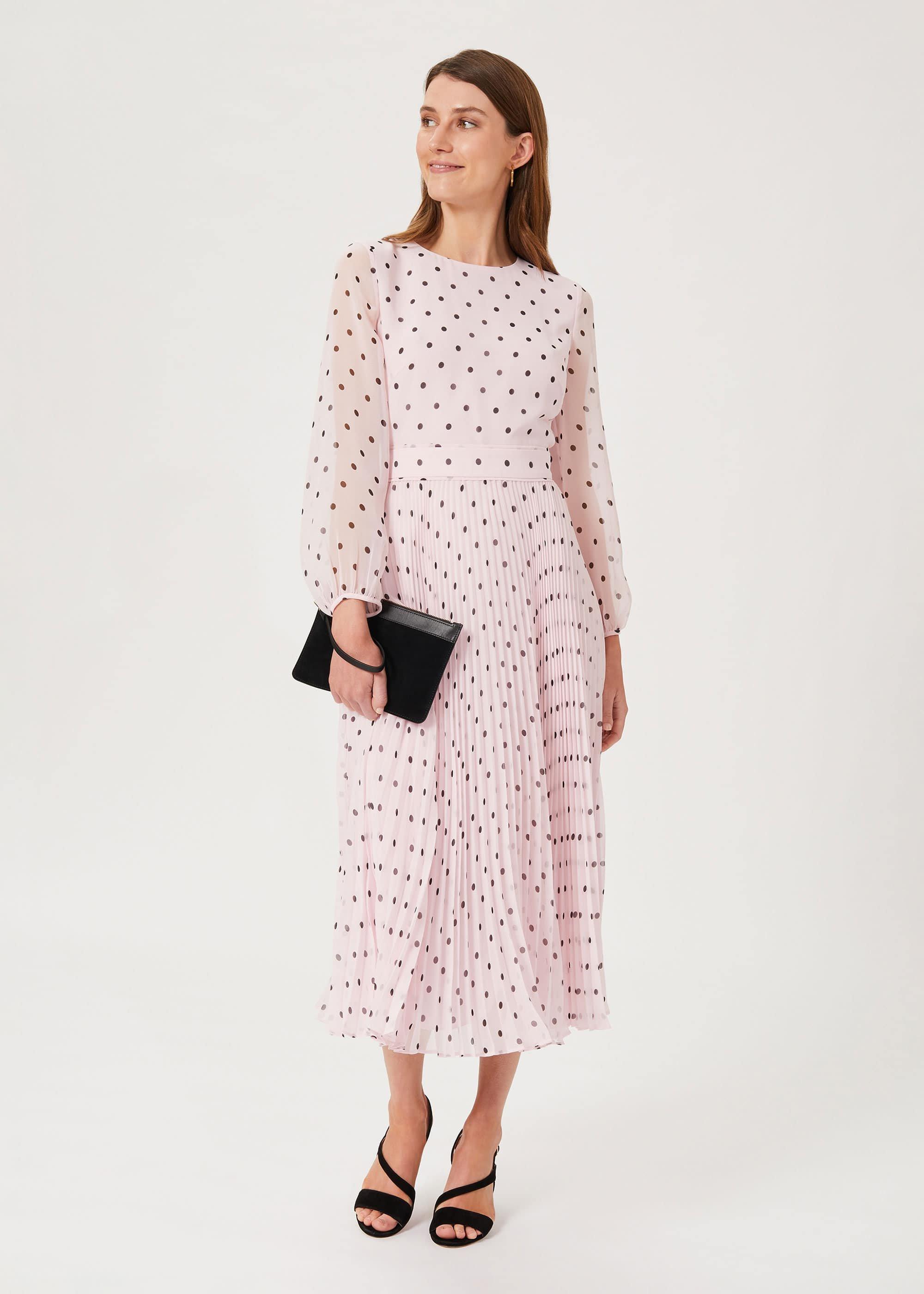 Selena Spot Pleated Dress, Pale Pink Black, hi-res