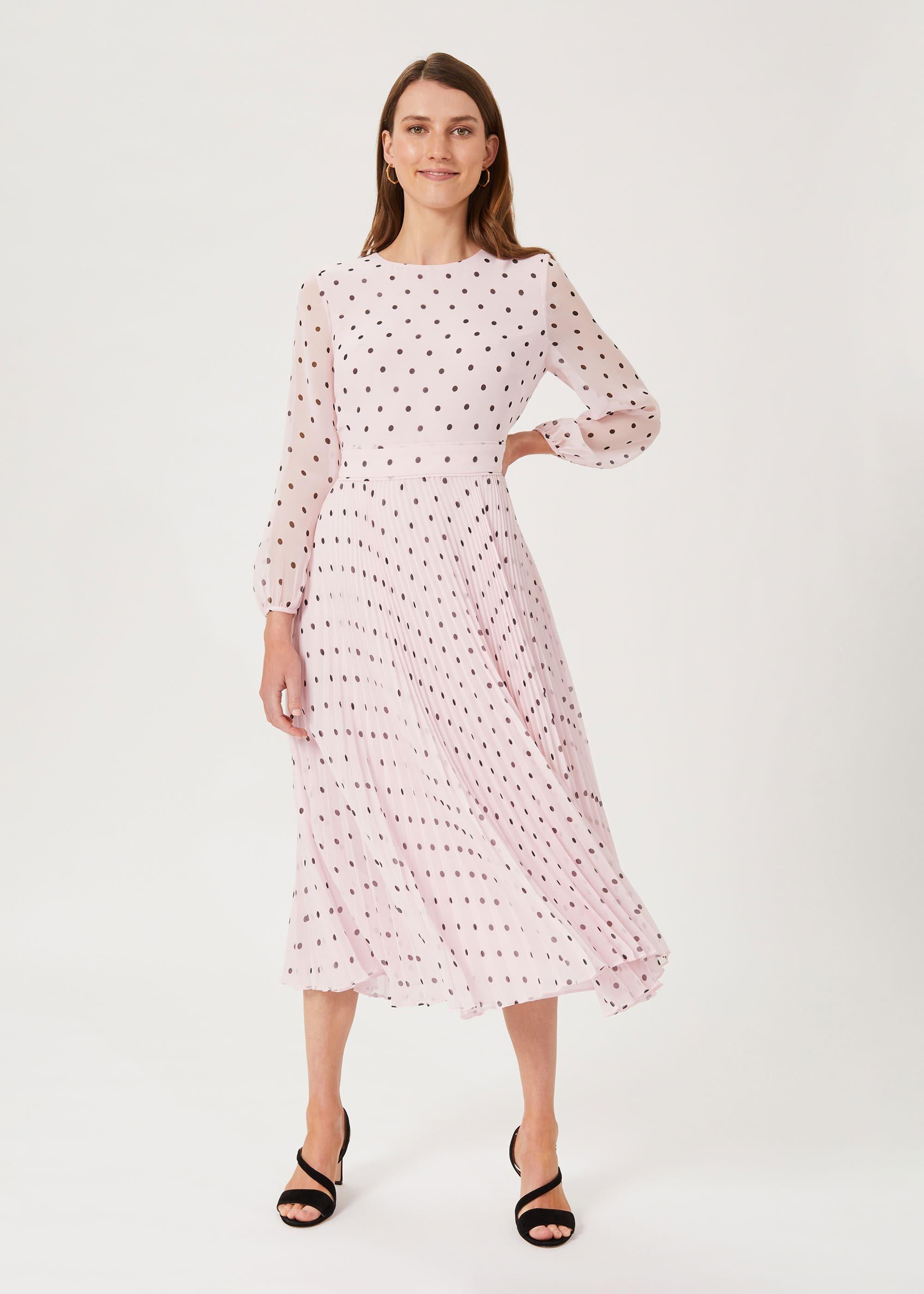 Selena Spot Pleated Dress, Pale Pink Black, hi-res