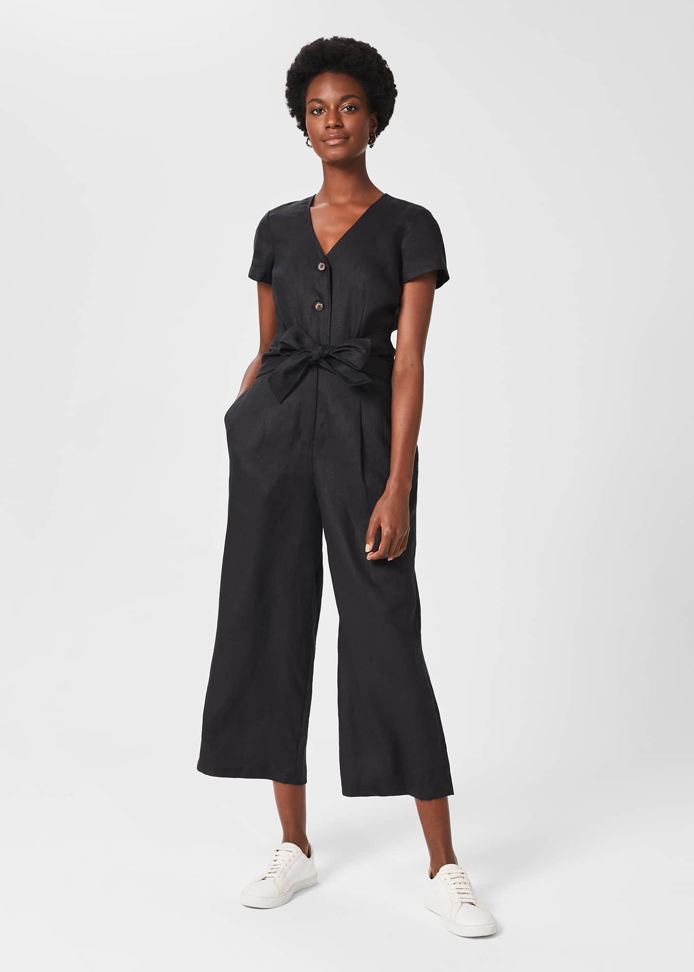 Jayne Linen Cropped Jumpsuit, Black, hi-res