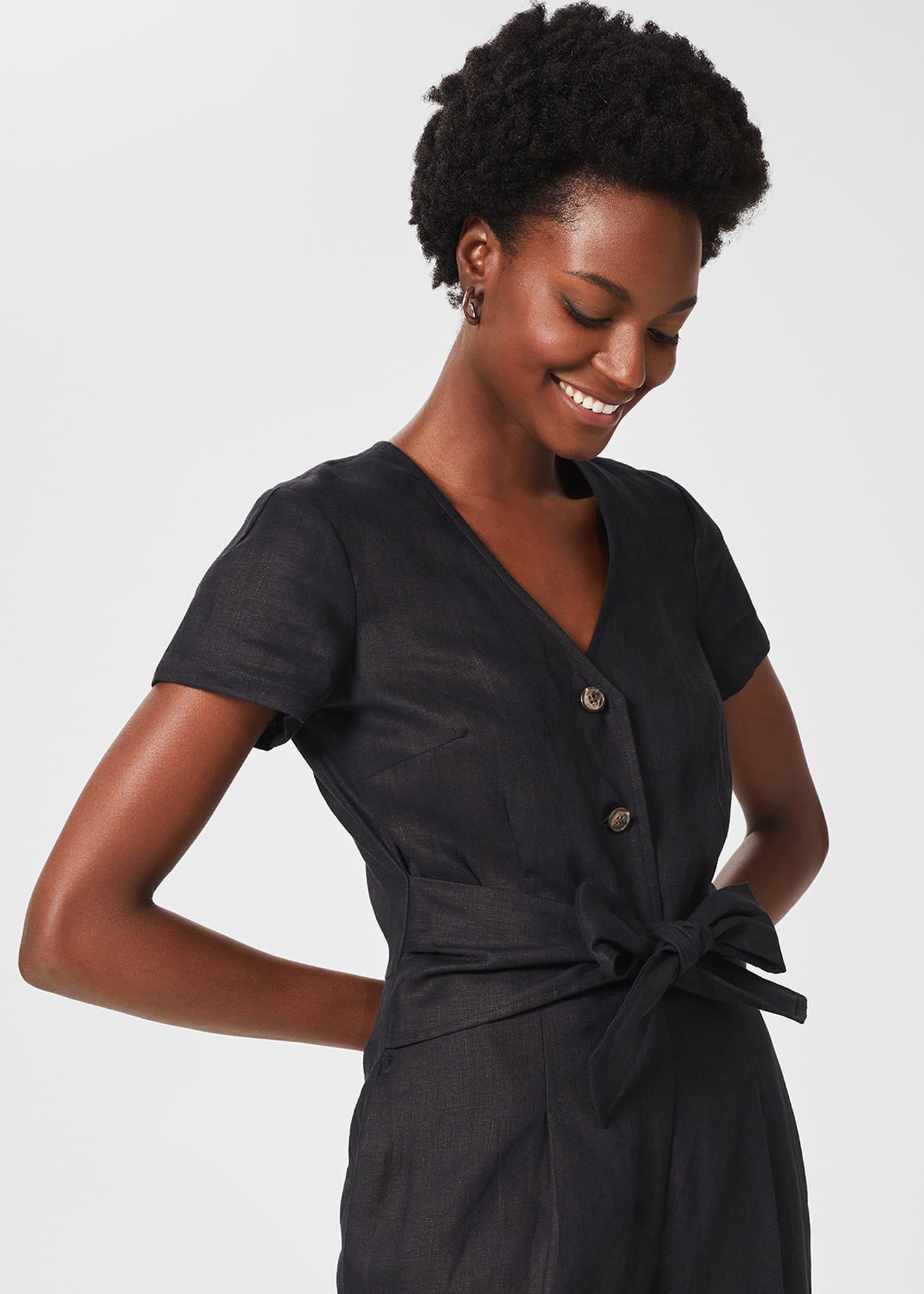 Jayne Linen Cropped Jumpsuit, Black, hi-res