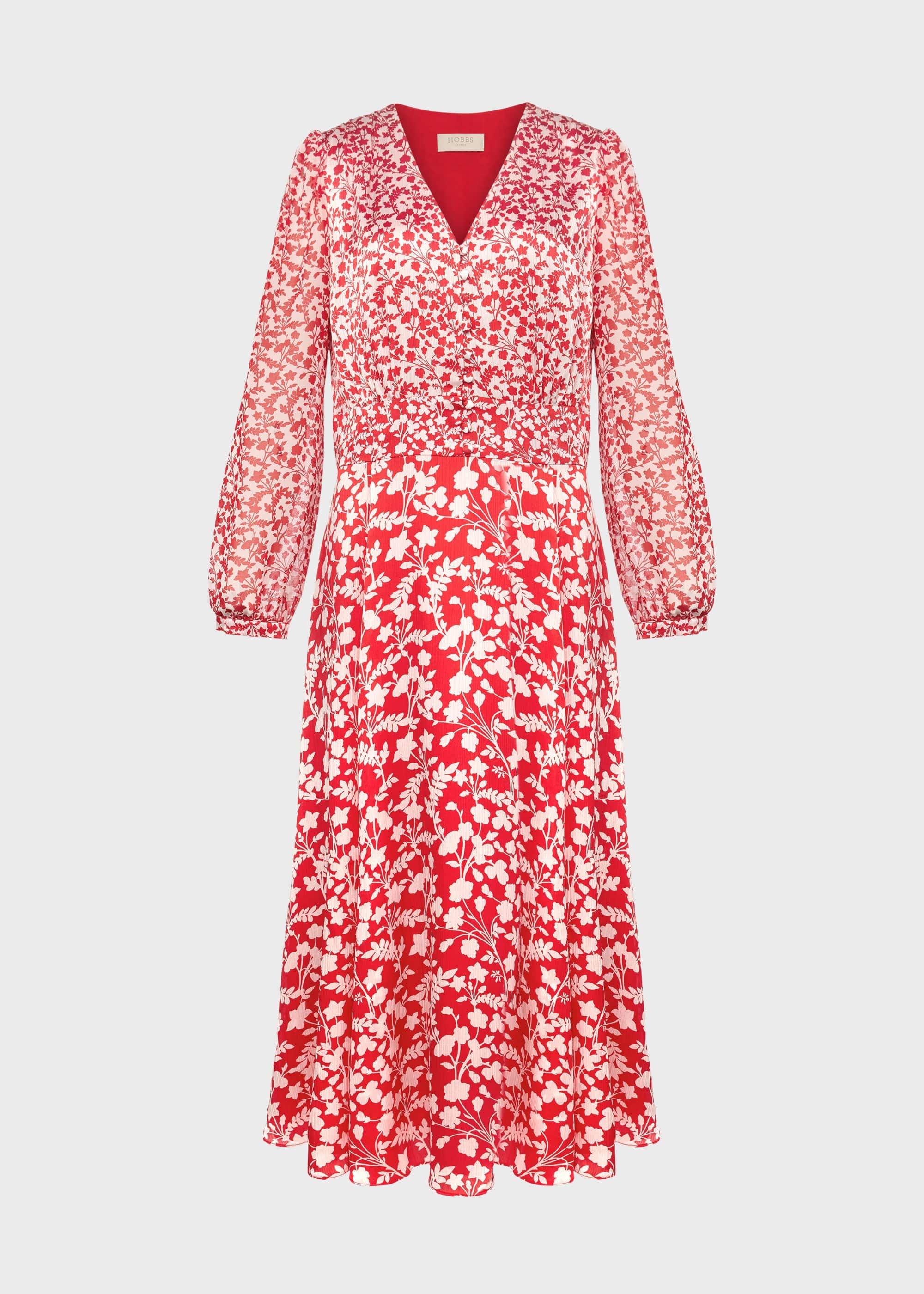 Rosie Floral V Neck Dress, Rasp Red Ivory, hi-res