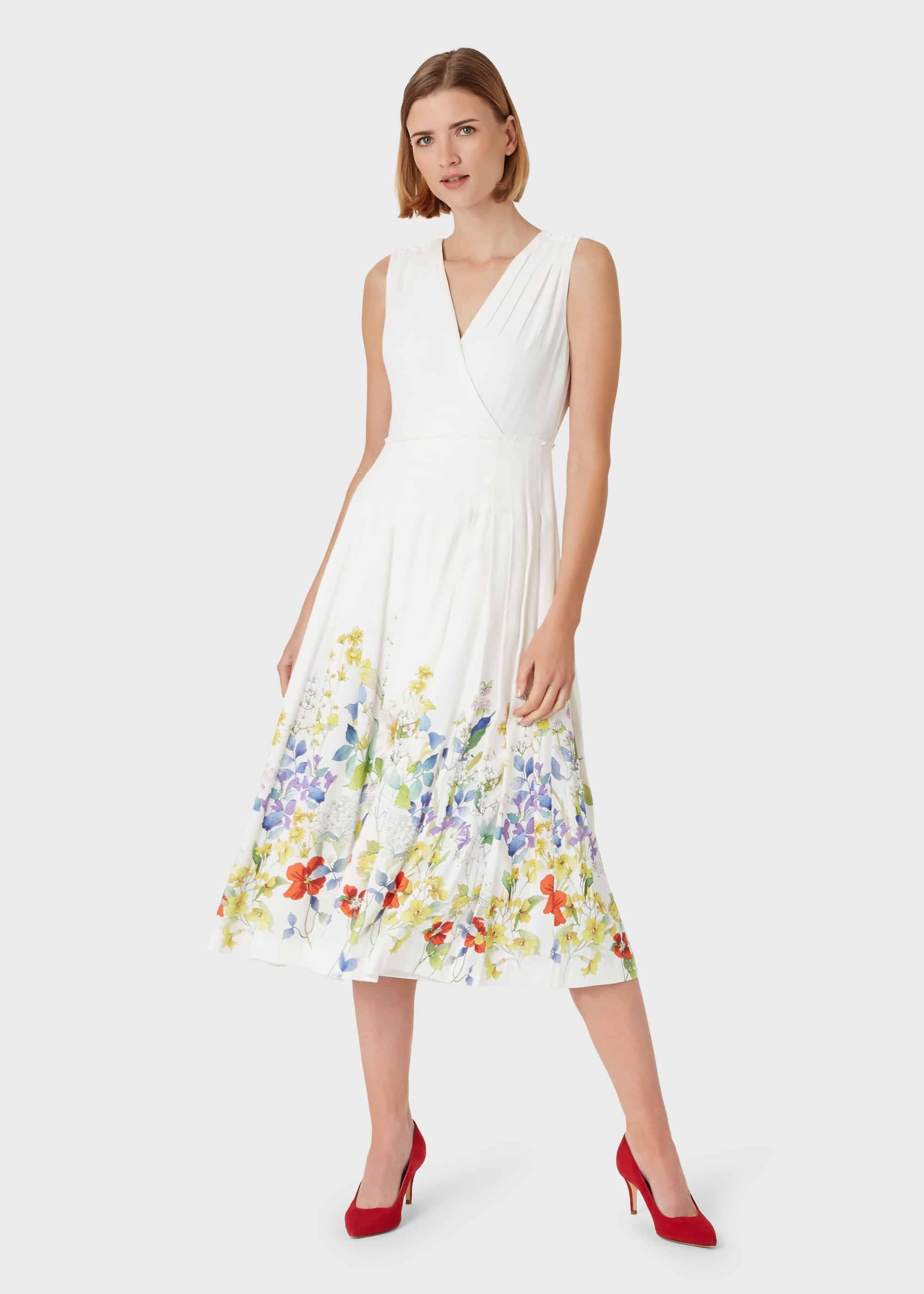 Summer Floral V Neck Midi Dress, Ivory Multi, hi-res