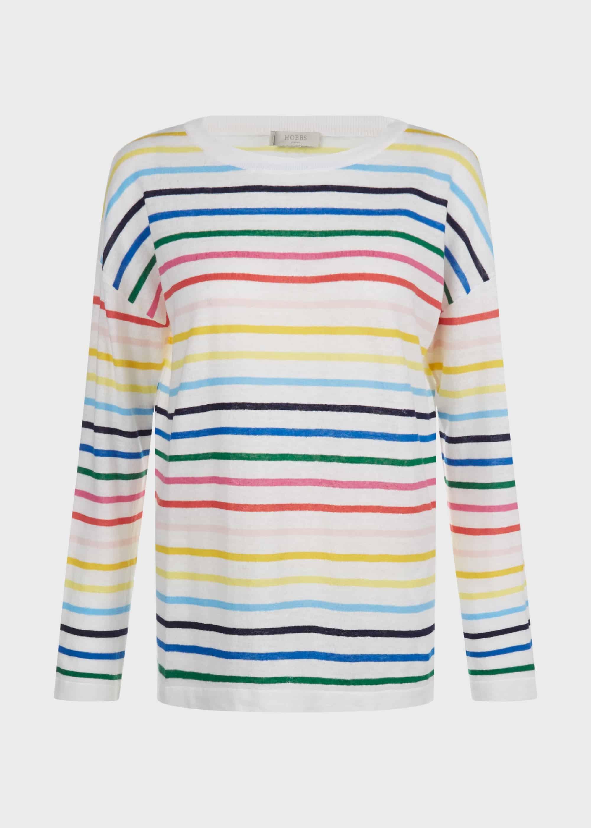 Rainbow Linen Cotton Stripe Jumper, Multi, hi-res