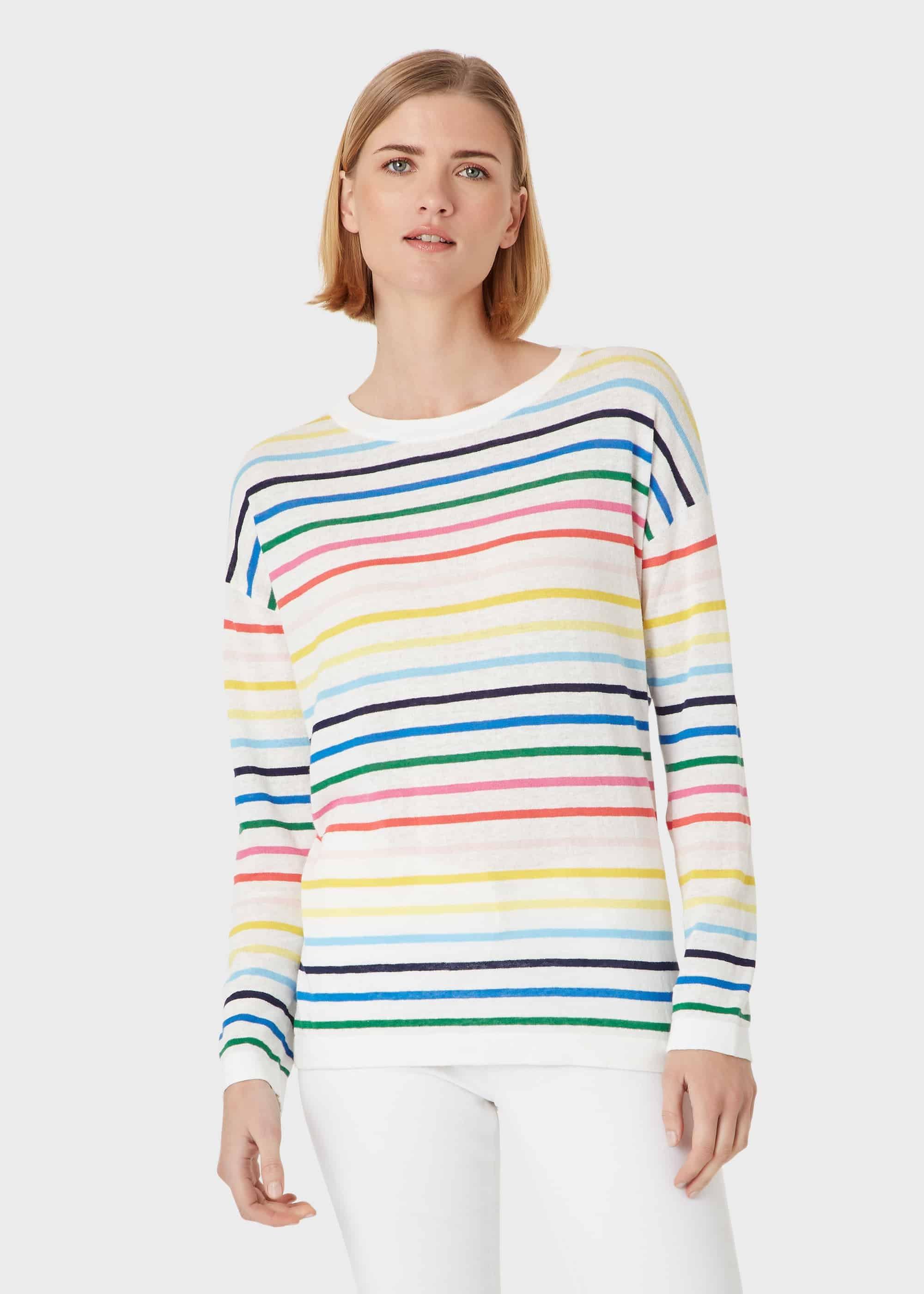 Rainbow Linen Cotton Stripe Jumper, Multi, hi-res