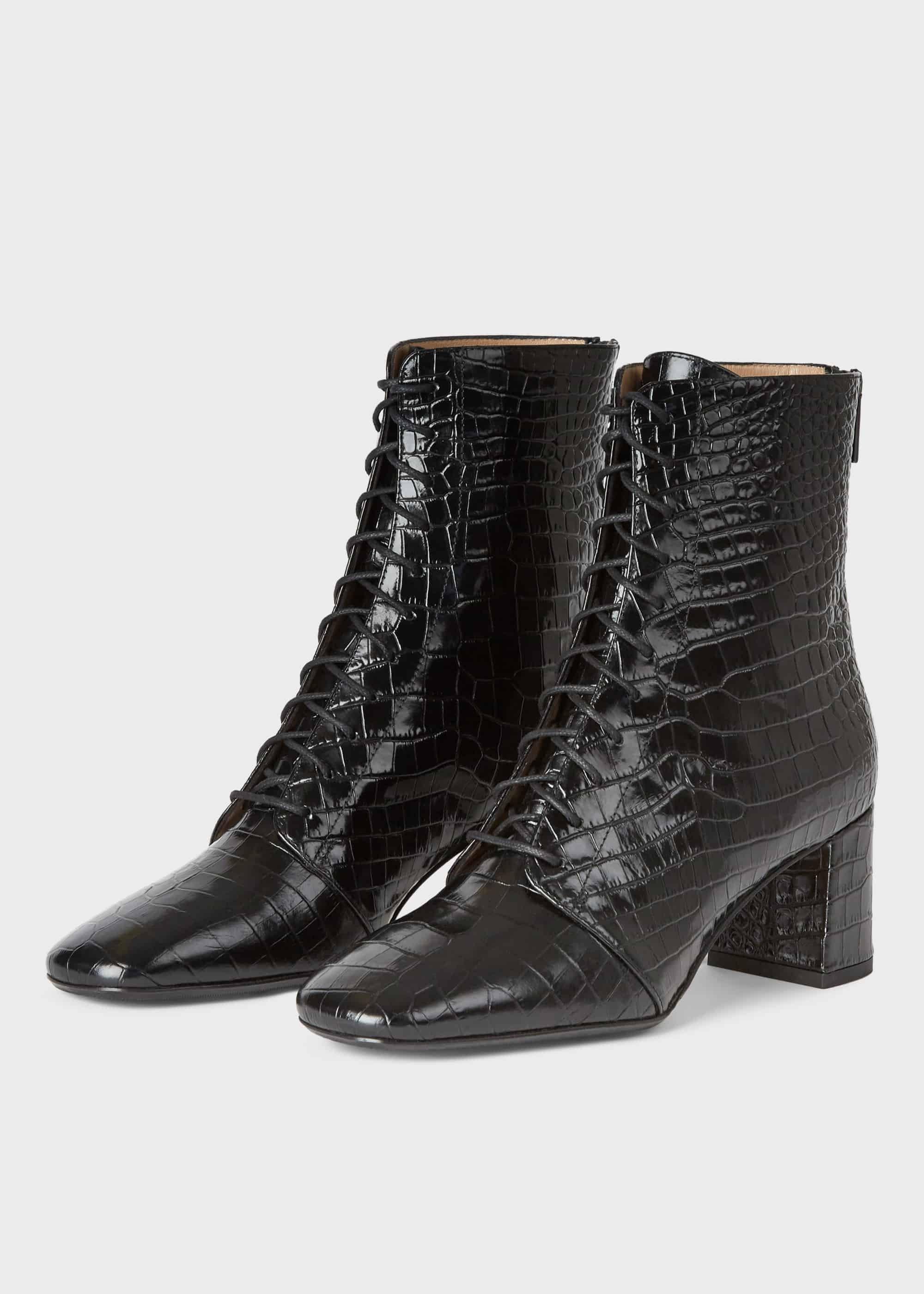 Imogen Crocodile Block Heel Lace Up Boots, Black, hi-res