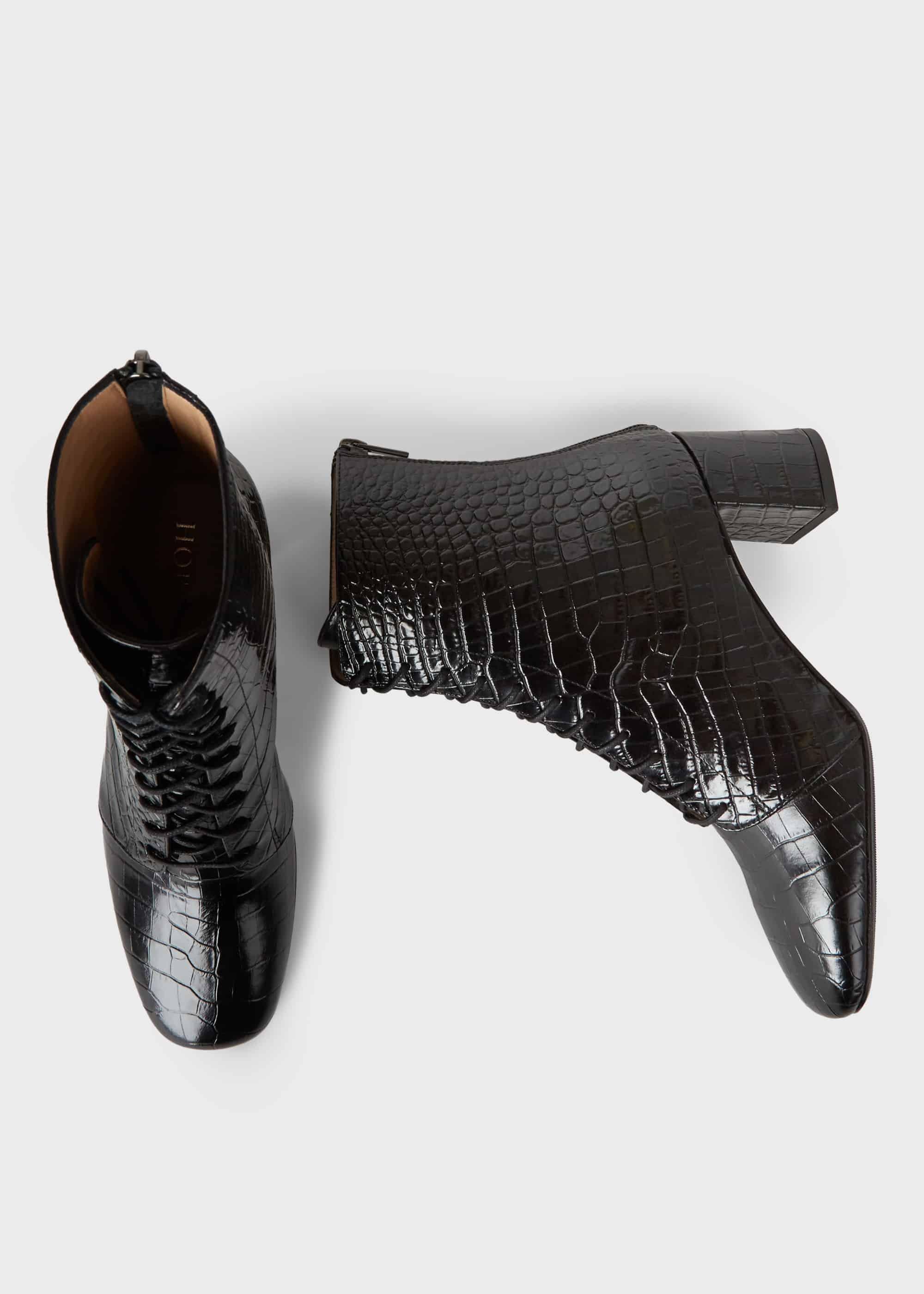 Imogen Crocodile Block Heel Lace Up Boots, Black, hi-res