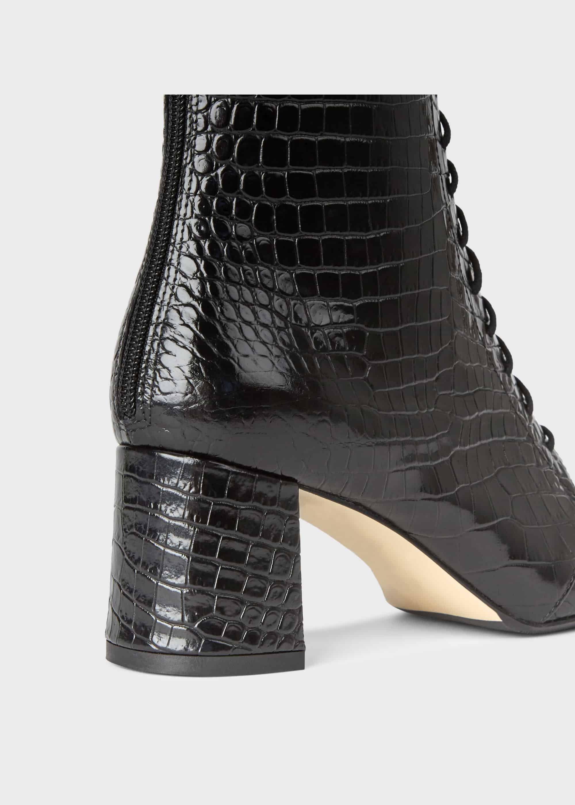 Imogen Crocodile Block Heel Lace Up Boots, Black, hi-res
