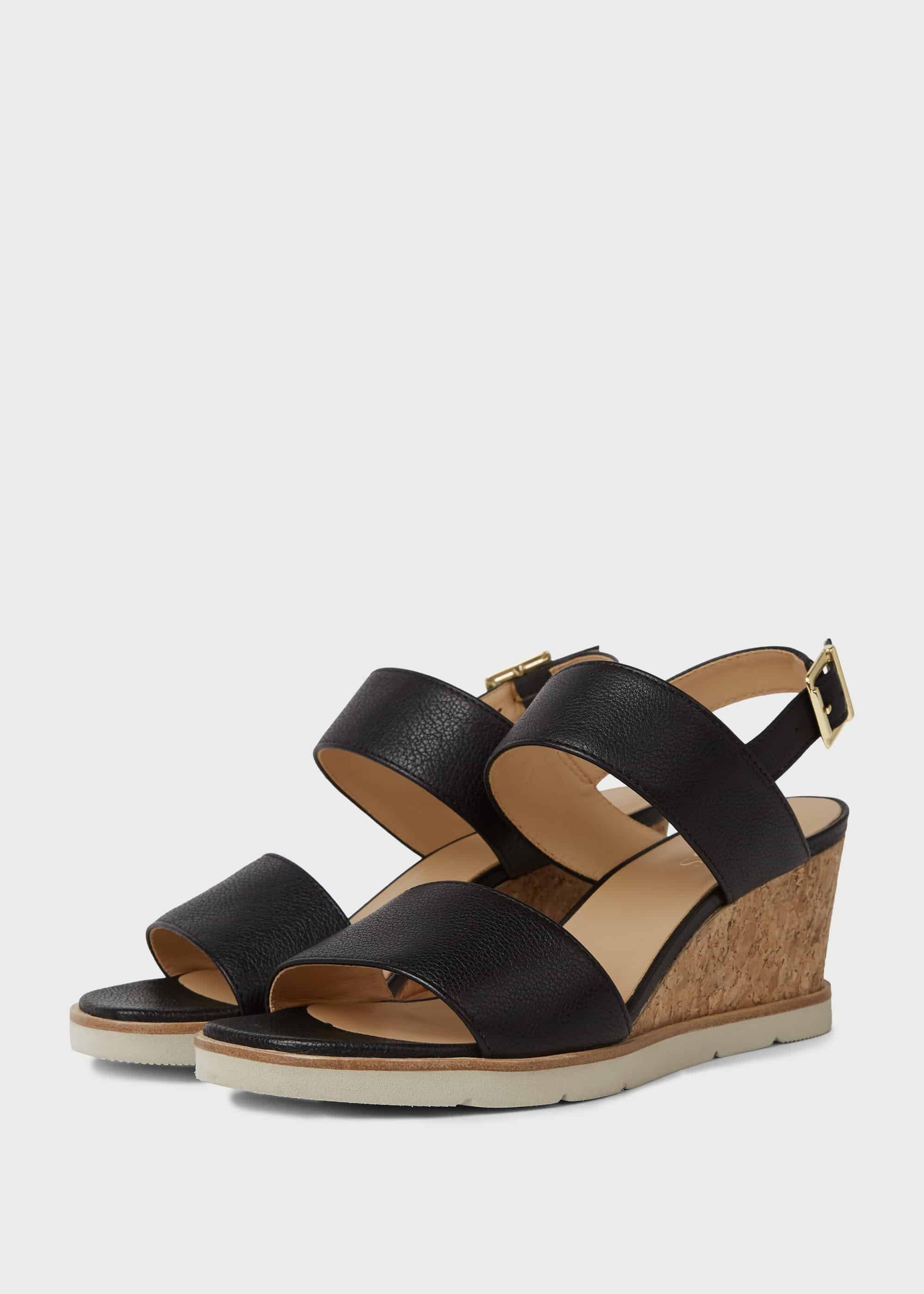 Verona Leather Wedge Sandals, Black, hi-res