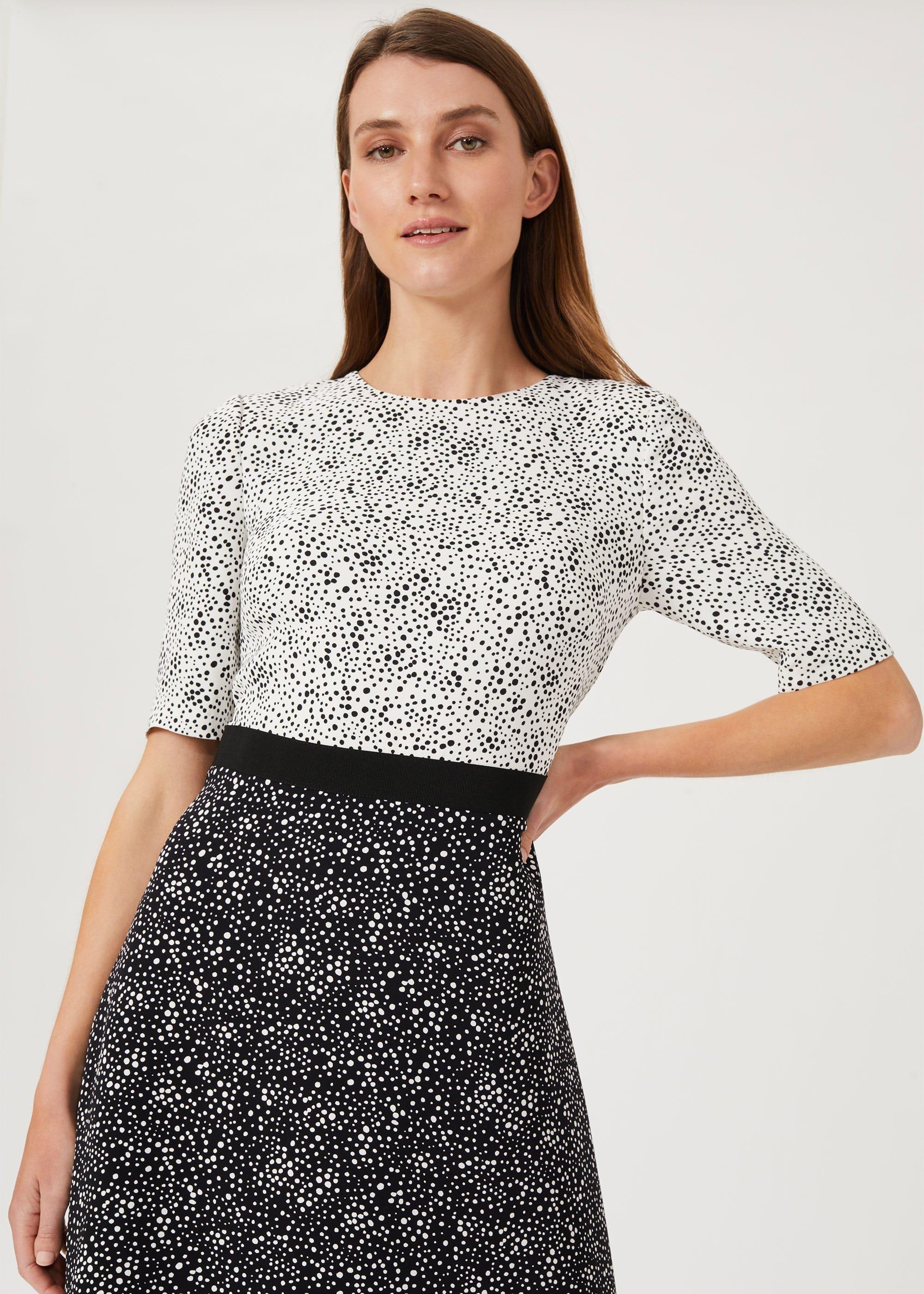 Caroline Crepe Spot Dress, Ivory Black, hi-res