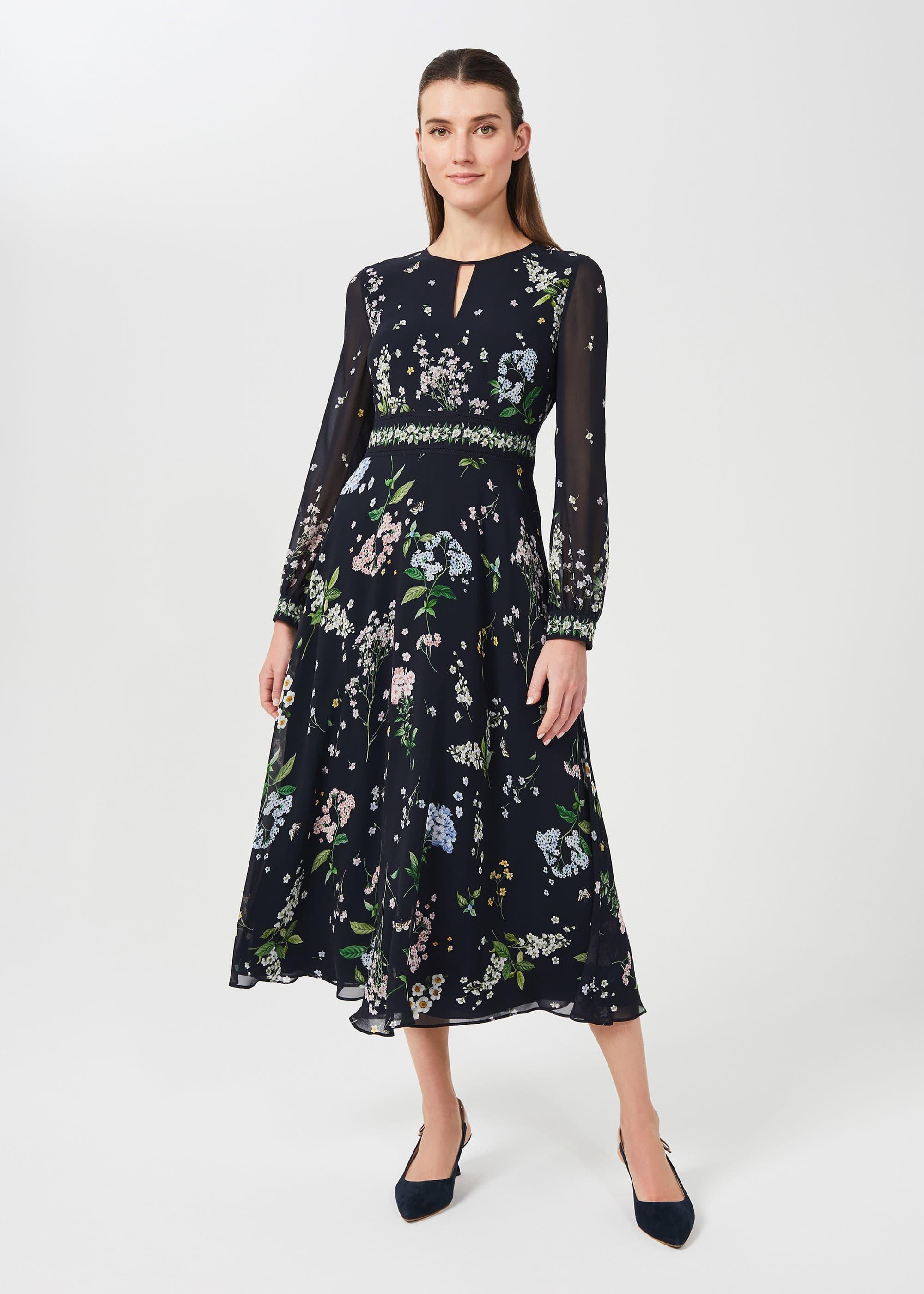Skye Silk Floral Printed Dress, Navy Multi, hi-res