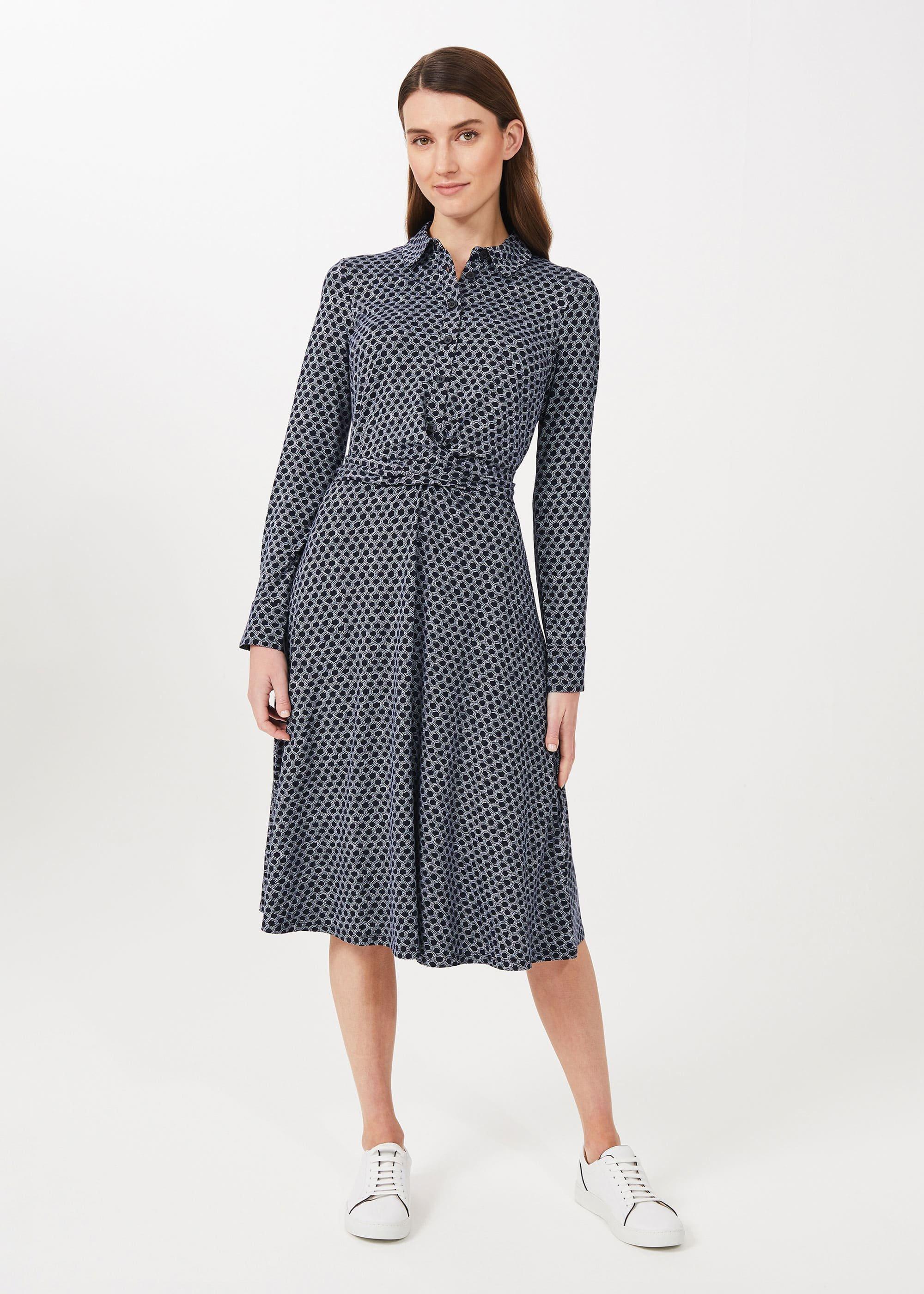Aretha Jersey Printed Dress, Navy Ivory, hi-res
