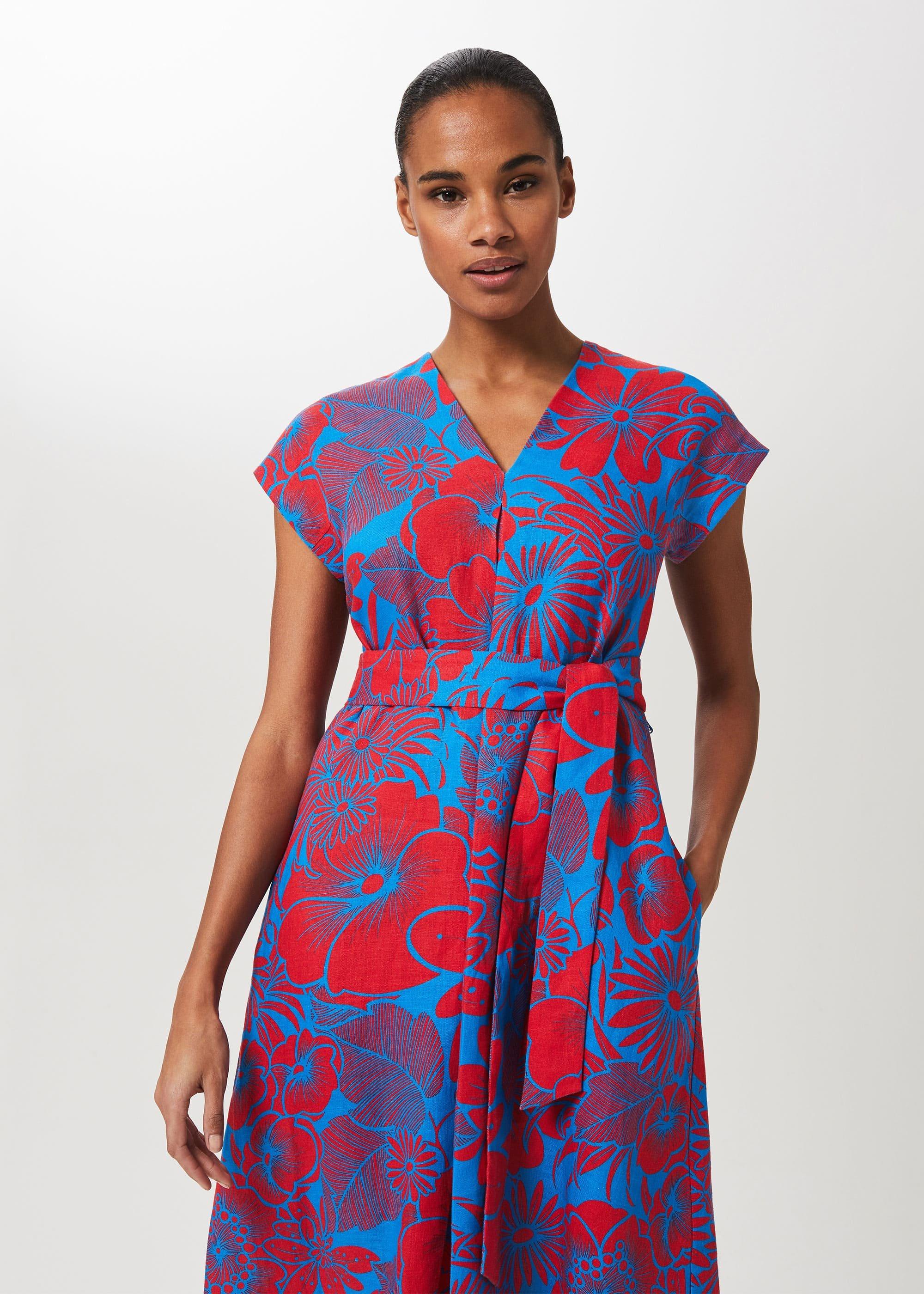 Etty Linen V-Neck Midi Dress, Red Azure Blue, hi-res
