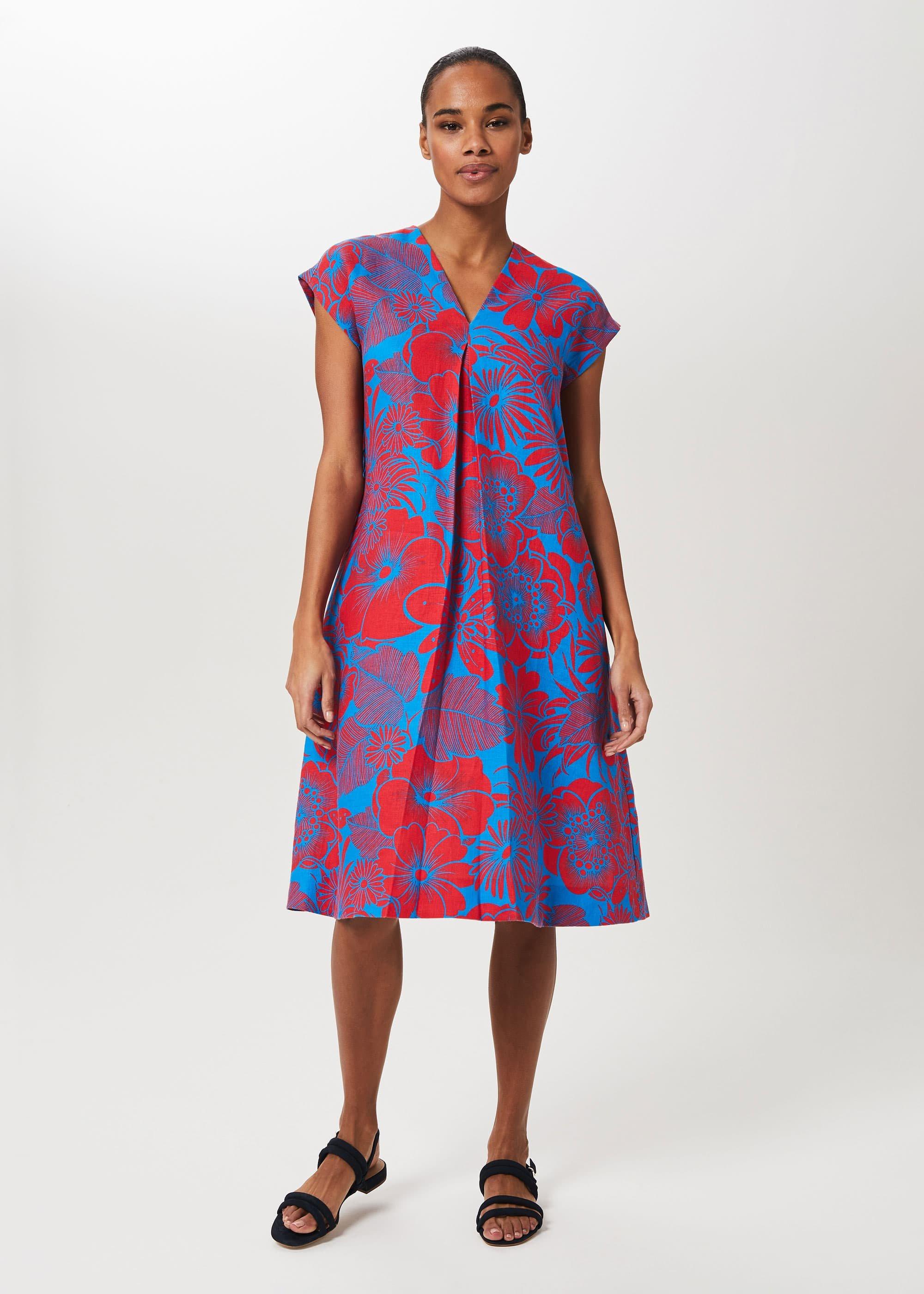 Etty Linen V-Neck Midi Dress, Red Azure Blue, hi-res