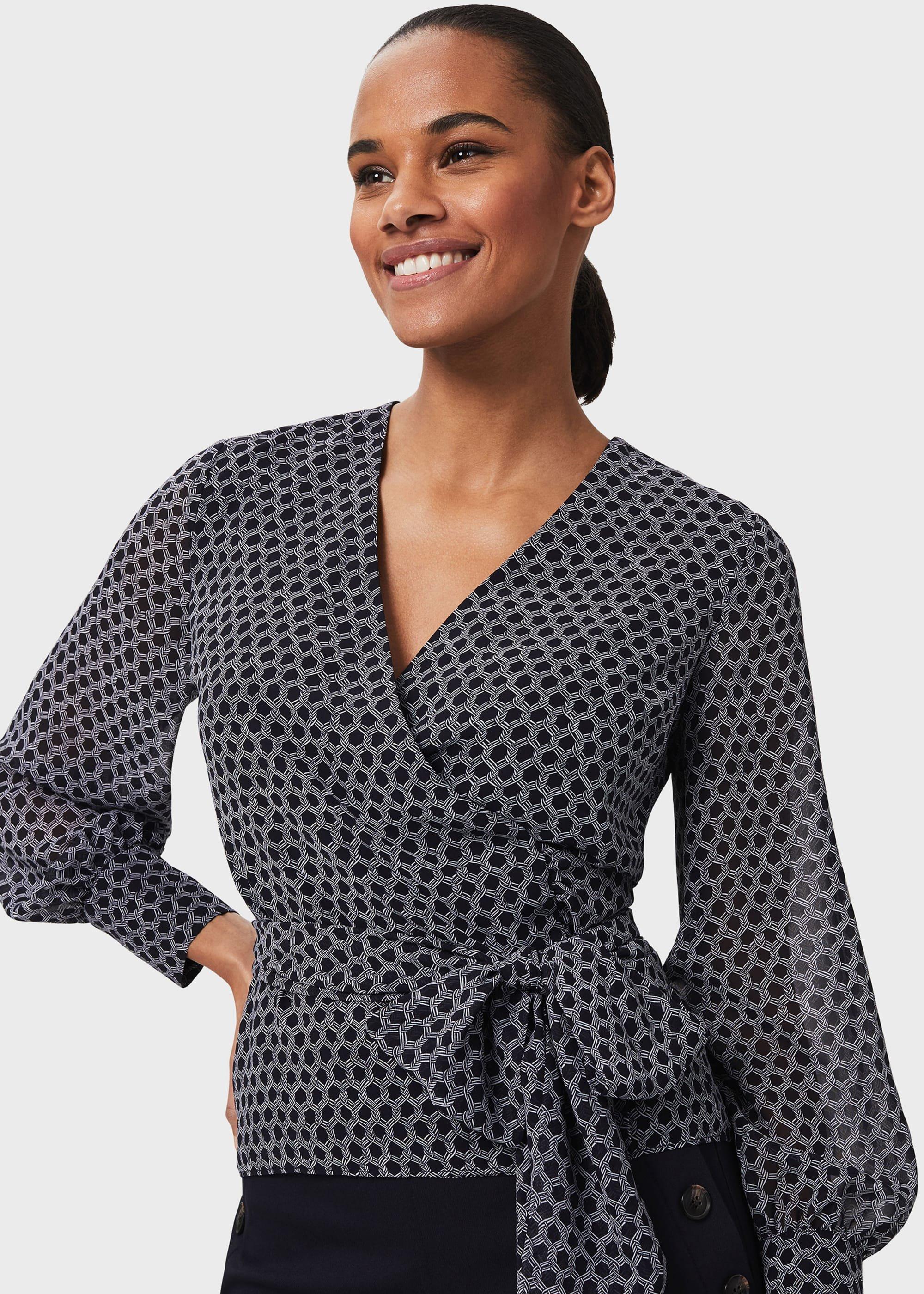 Elizabeth Printed Wrap Blouse, Navy Ivory, hi-res