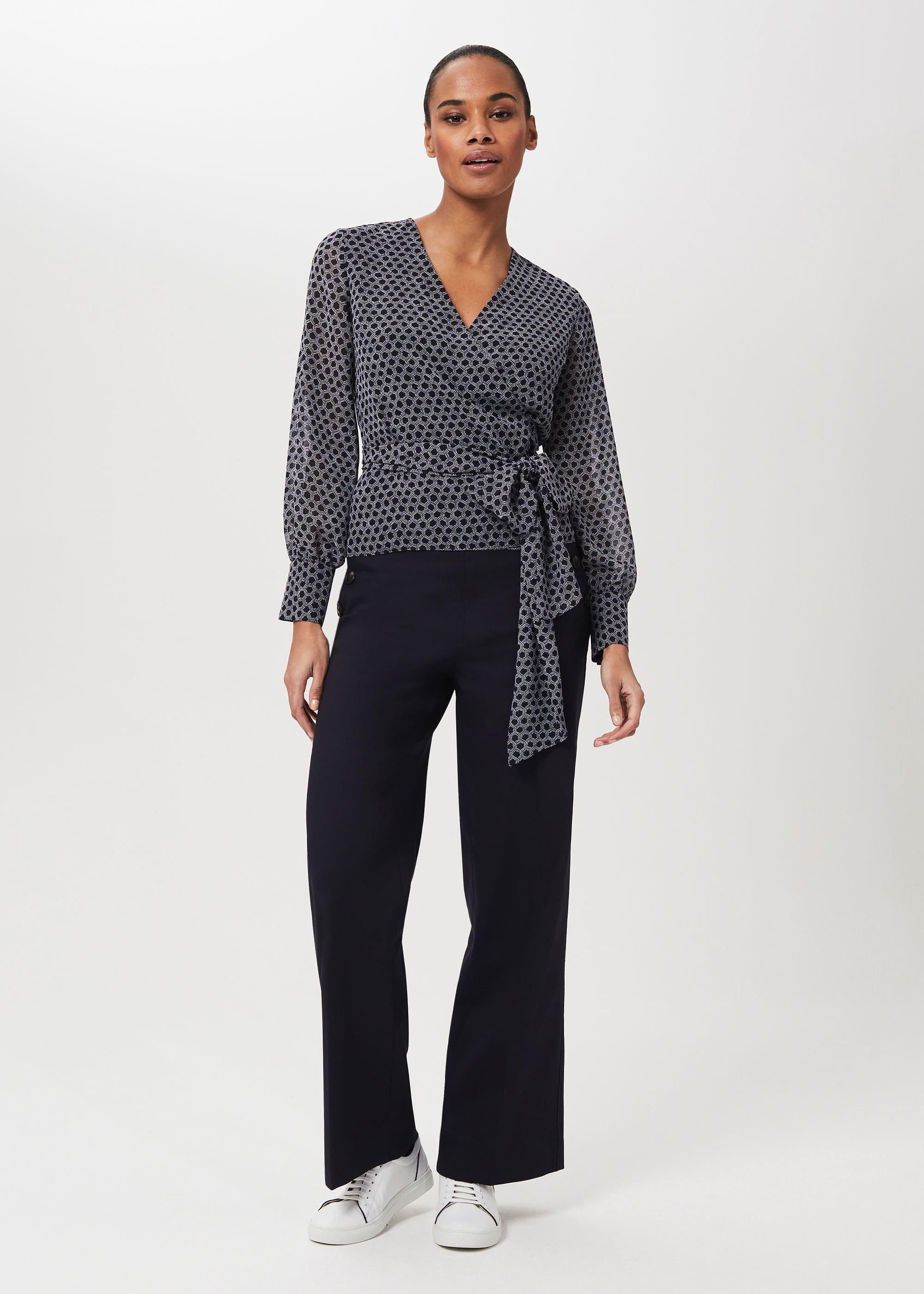 Elizabeth Printed Wrap Blouse, Navy Ivory, hi-res