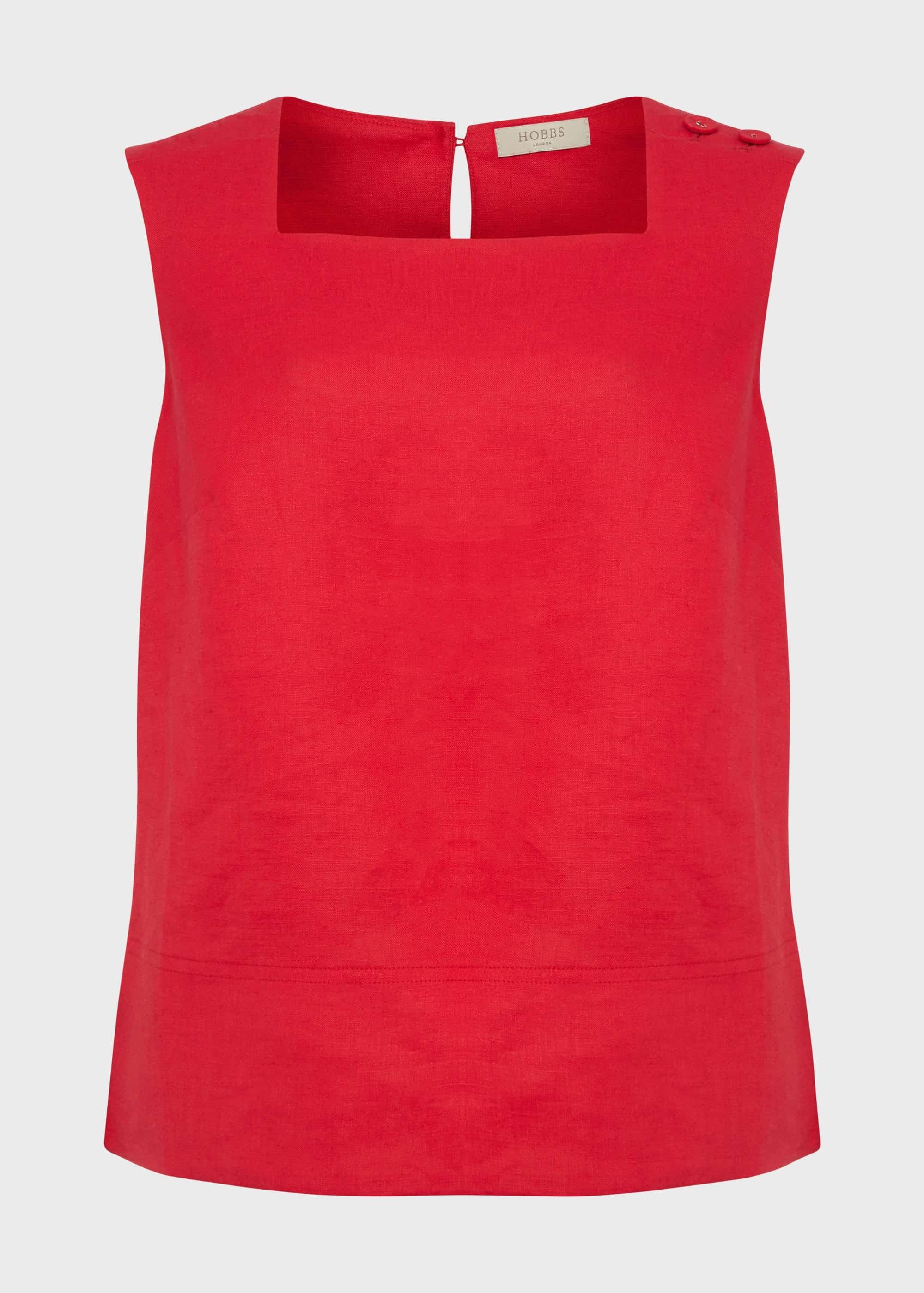 Catriona Linen Square Neck Top, Coral Red, hi-res