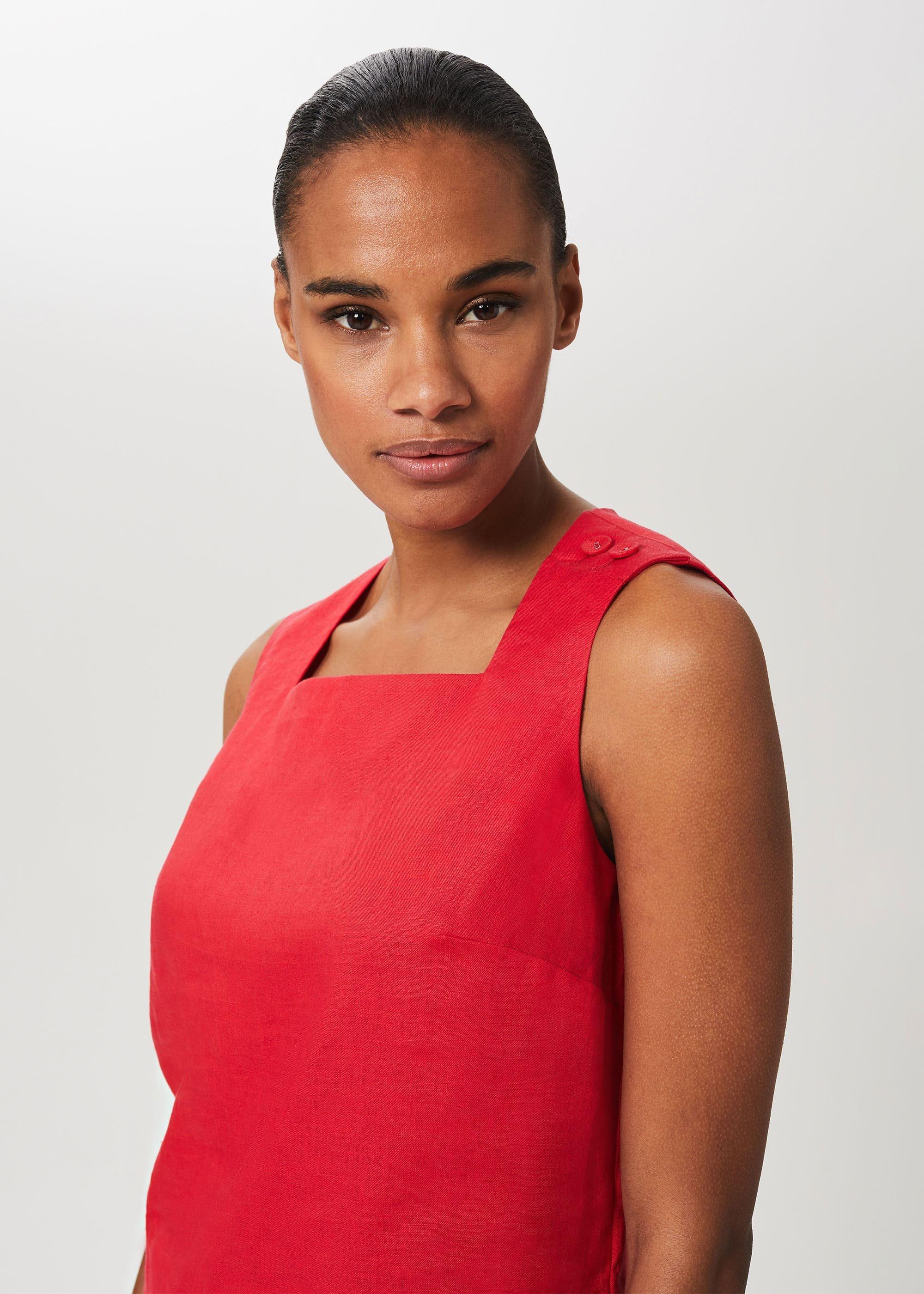 Catriona Linen Square Neck Top, Coral Red, hi-res