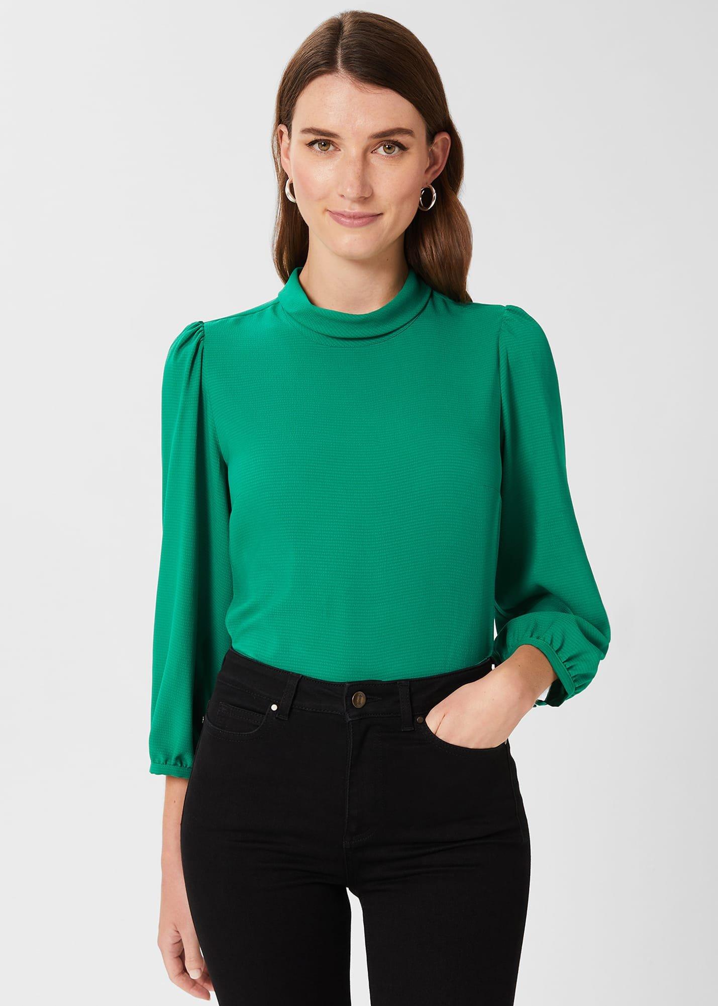Leah Jacquard Spot Roll Neck Blouse, Apple Green, hi-res