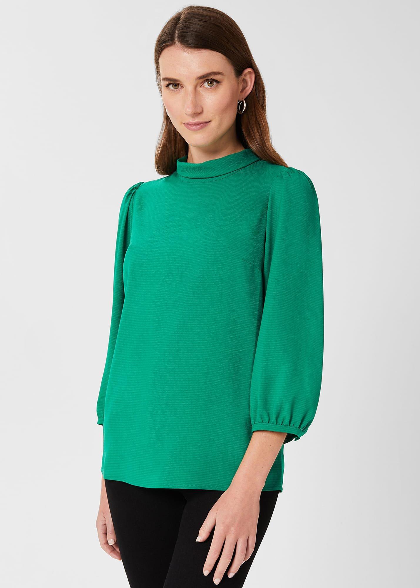 Leah Jacquard Spot Roll Neck Blouse, Apple Green, hi-res