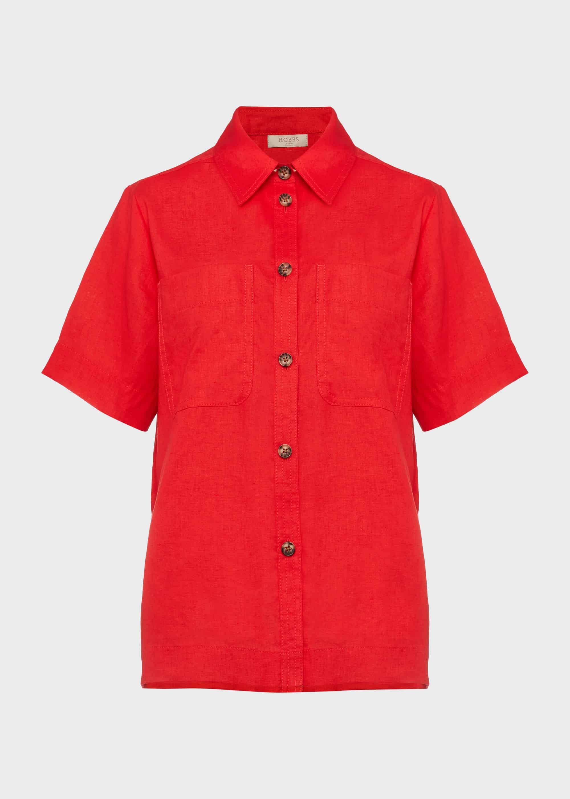 Georgiana Linen Shirt, Coral Red, hi-res