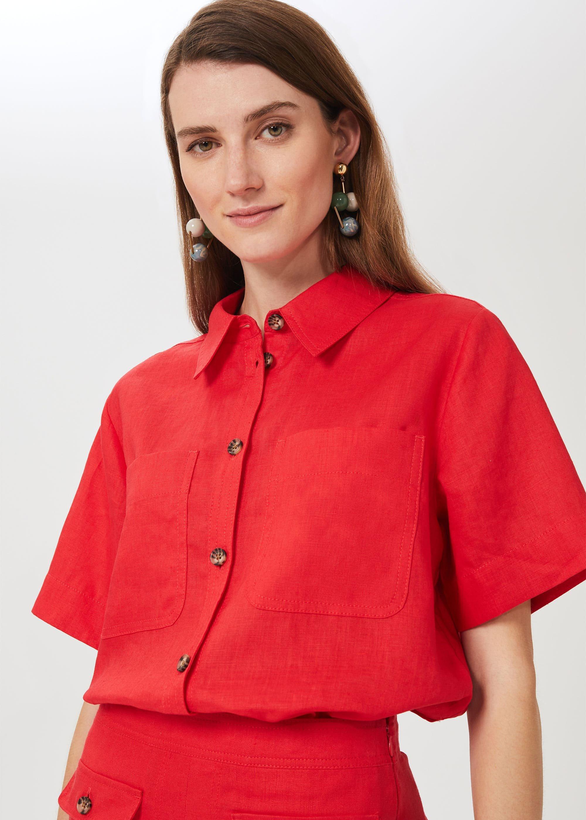 Georgiana Linen Shirt, Coral Red, hi-res