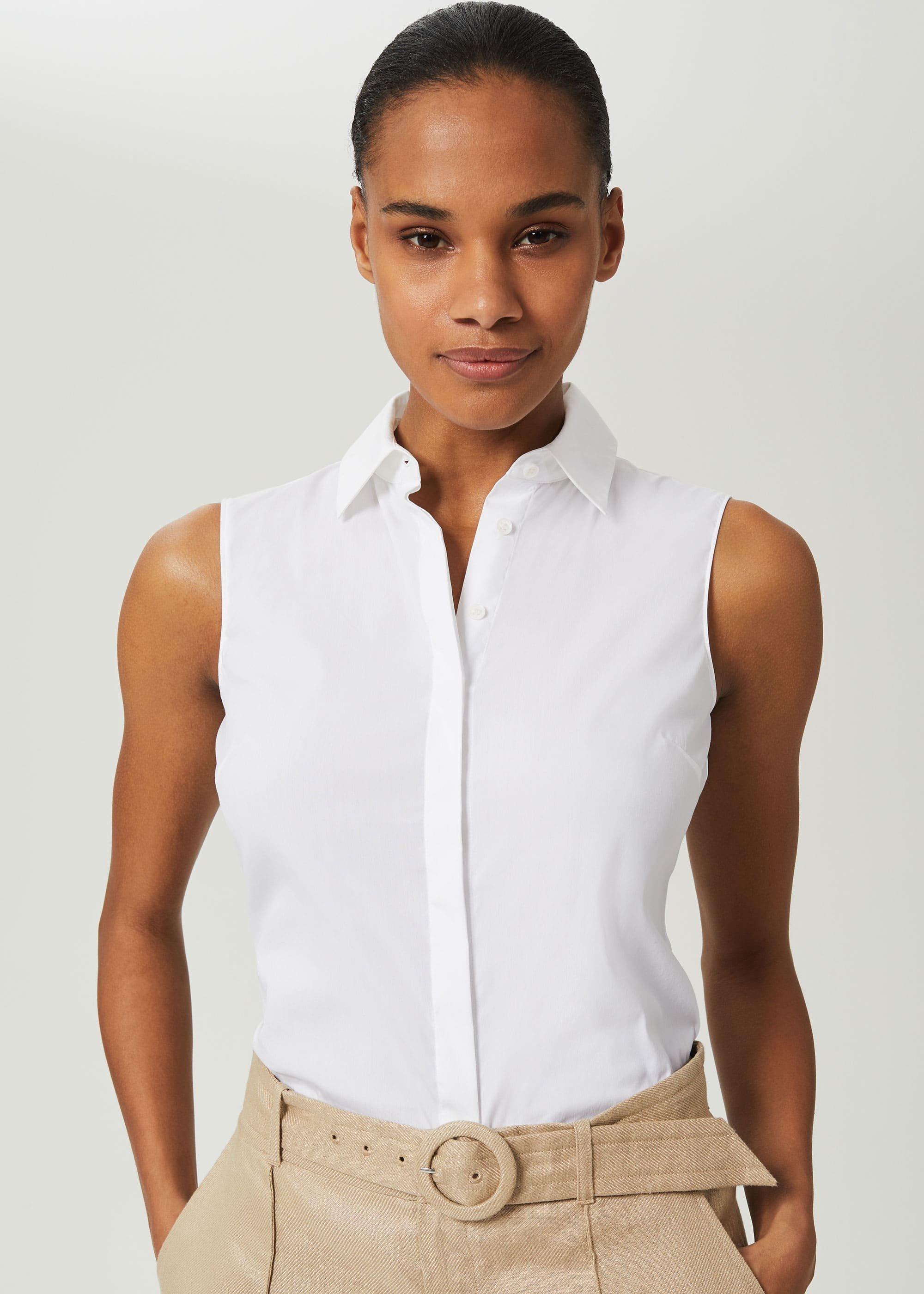 Sleeveless Vic Shirt, White, hi-res