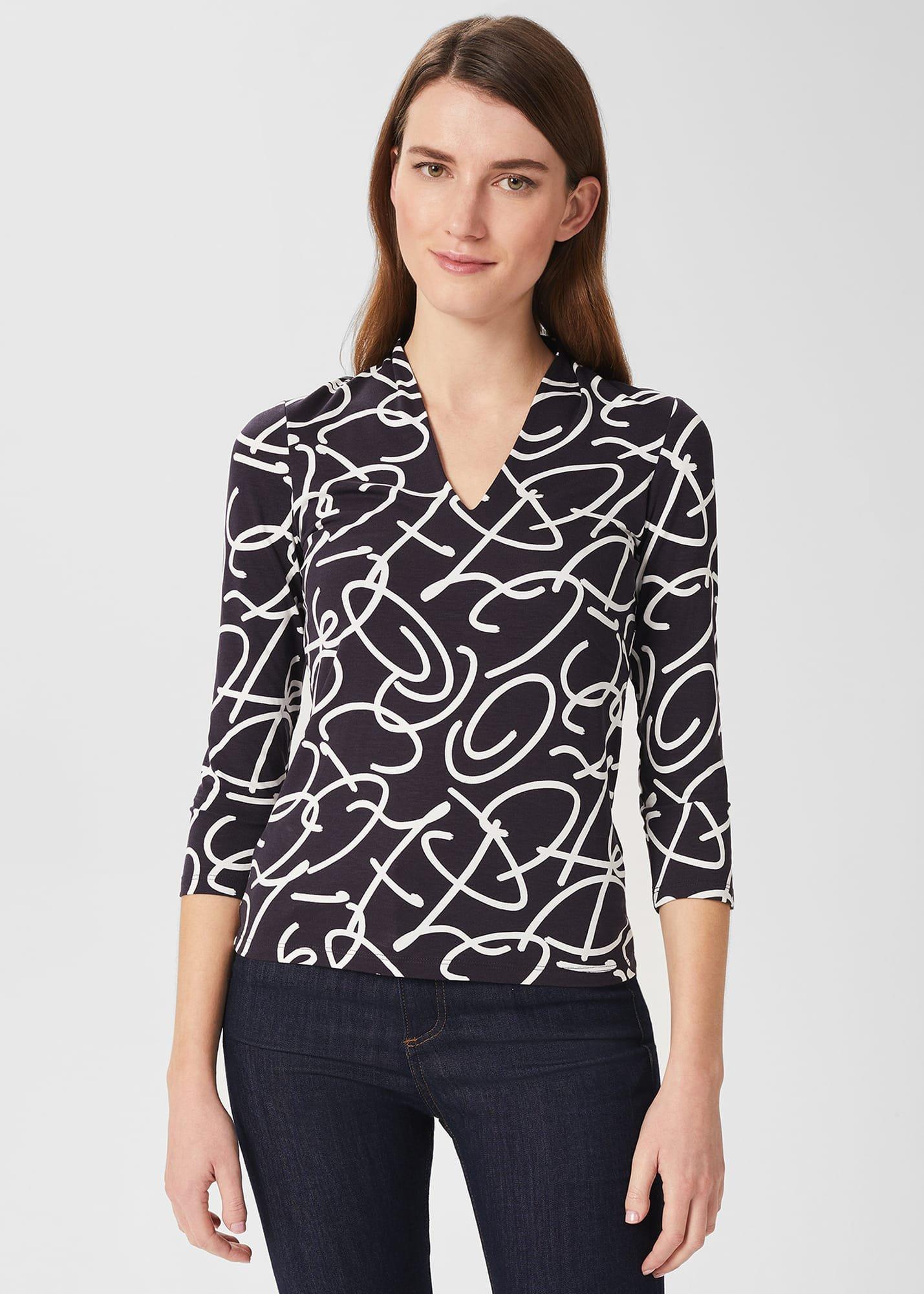 Aimee Printed Top, Navy Ivory, hi-res