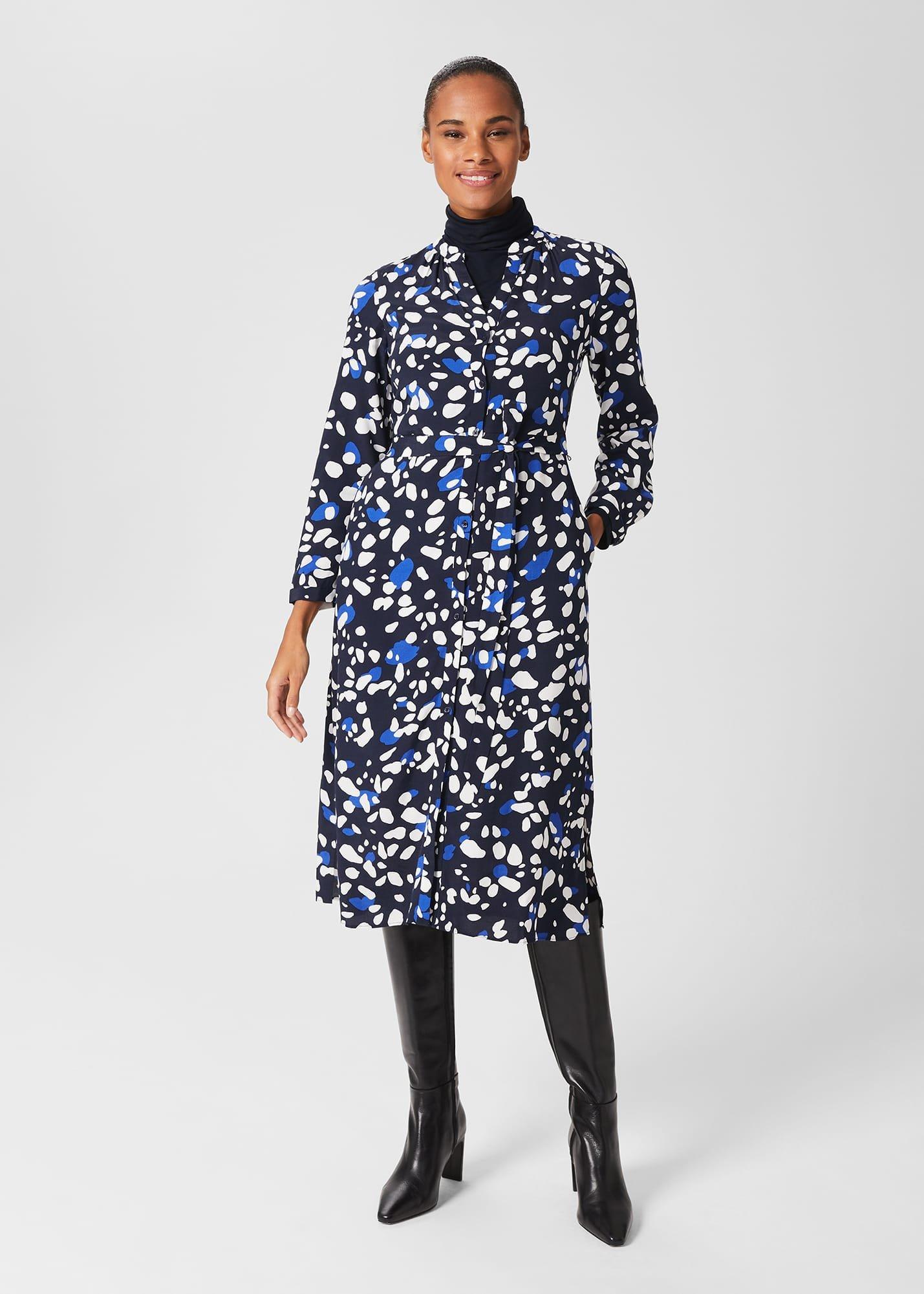 Petite Valeria Belted Dress, Navy Multi, hi-res