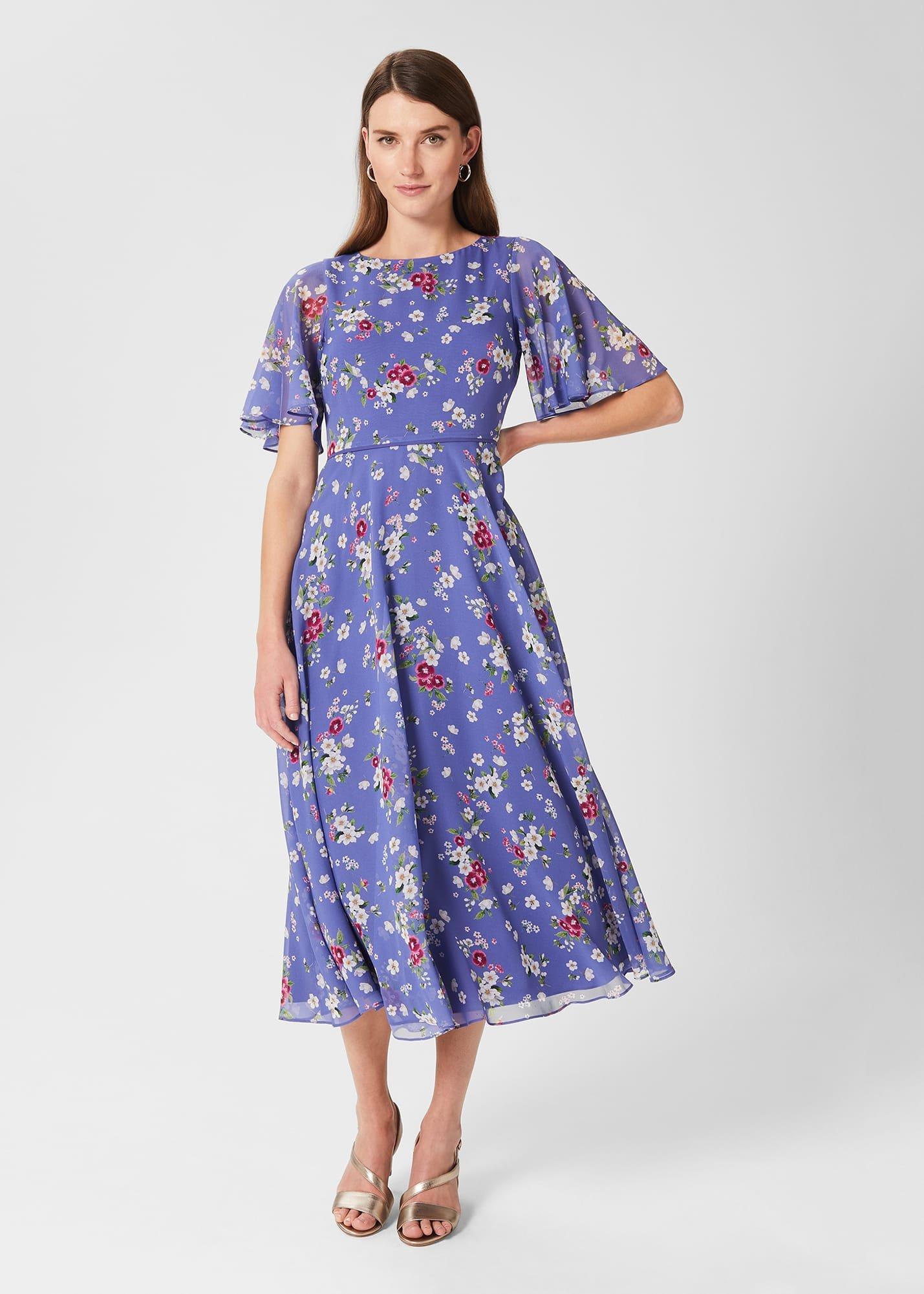 Caroline Silk Floral Dress, Blue Multi, hi-res