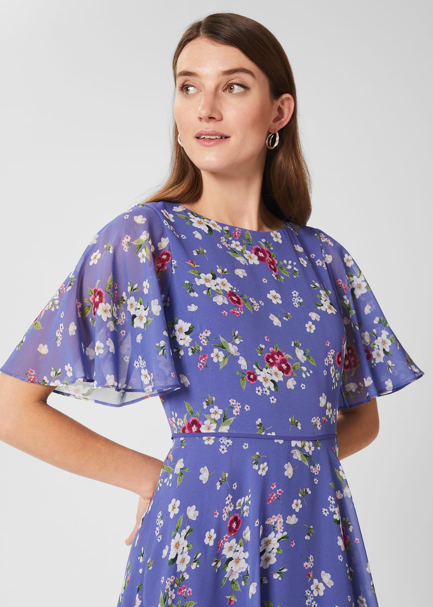Caroline Silk Floral Dress, Blue Multi, hi-res