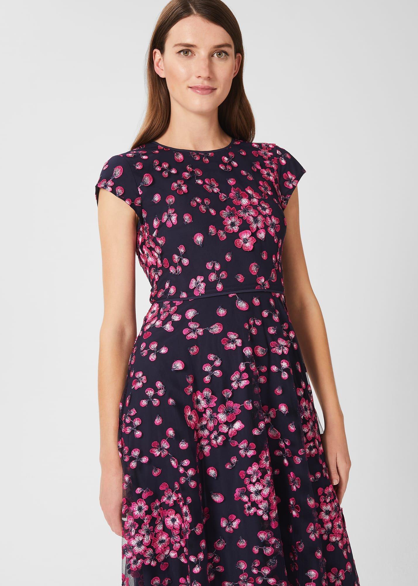 Tia Floral Embroidered Dress, Navy Pink, hi-res