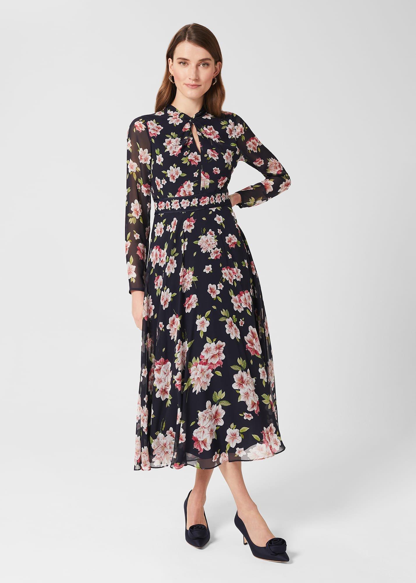 Helena Silk Floral Midi Dress, Navy Multi, hi-res
