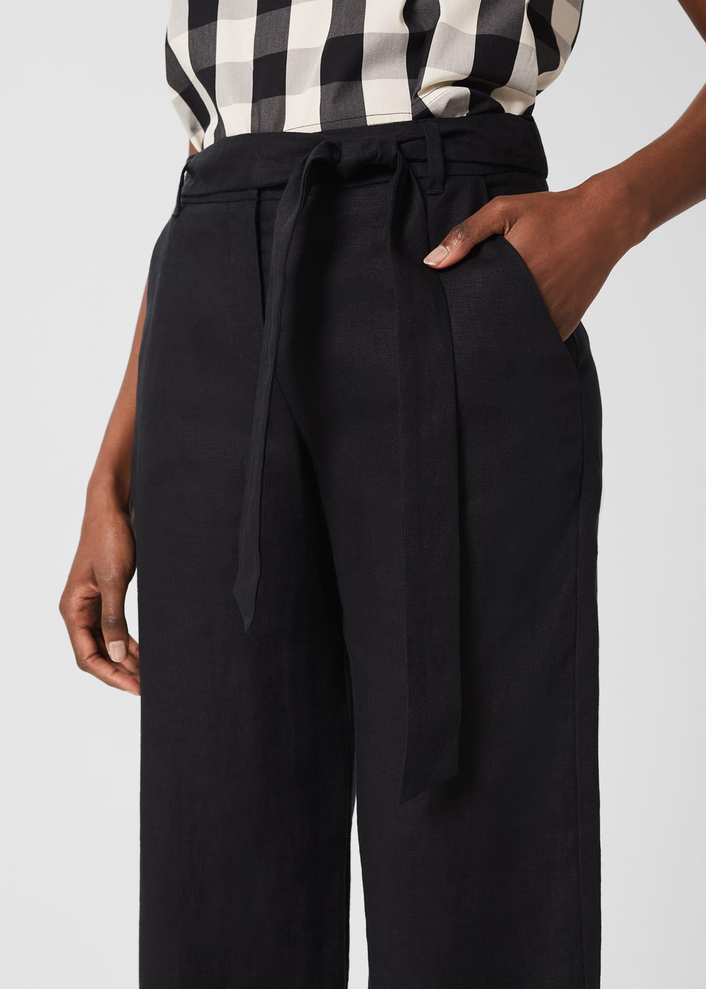 Jacqui Wide Leg Linen Trousers, Black, hi-res