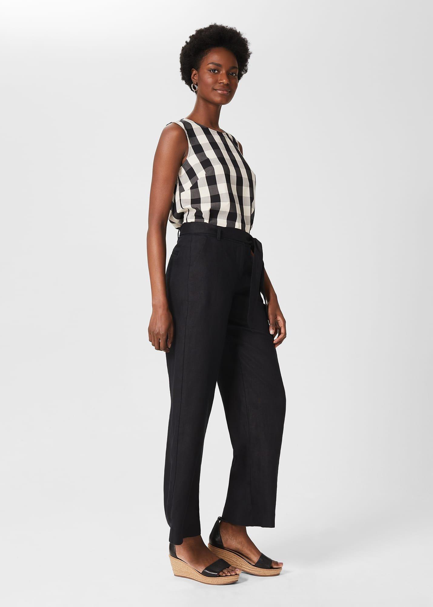 Jacqui Wide Leg Linen Trousers, Black, hi-res