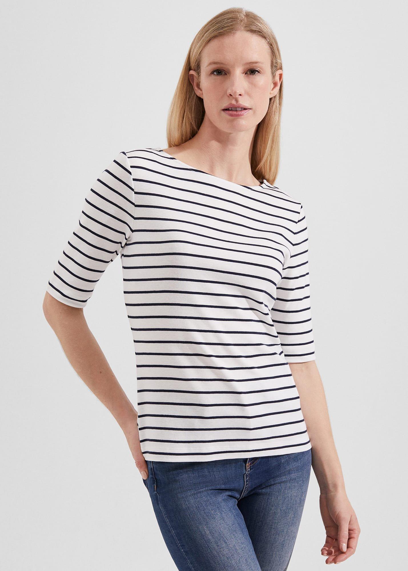 Katie Cotton Button Back Top, Ivory Hobbsnavy, hi-res