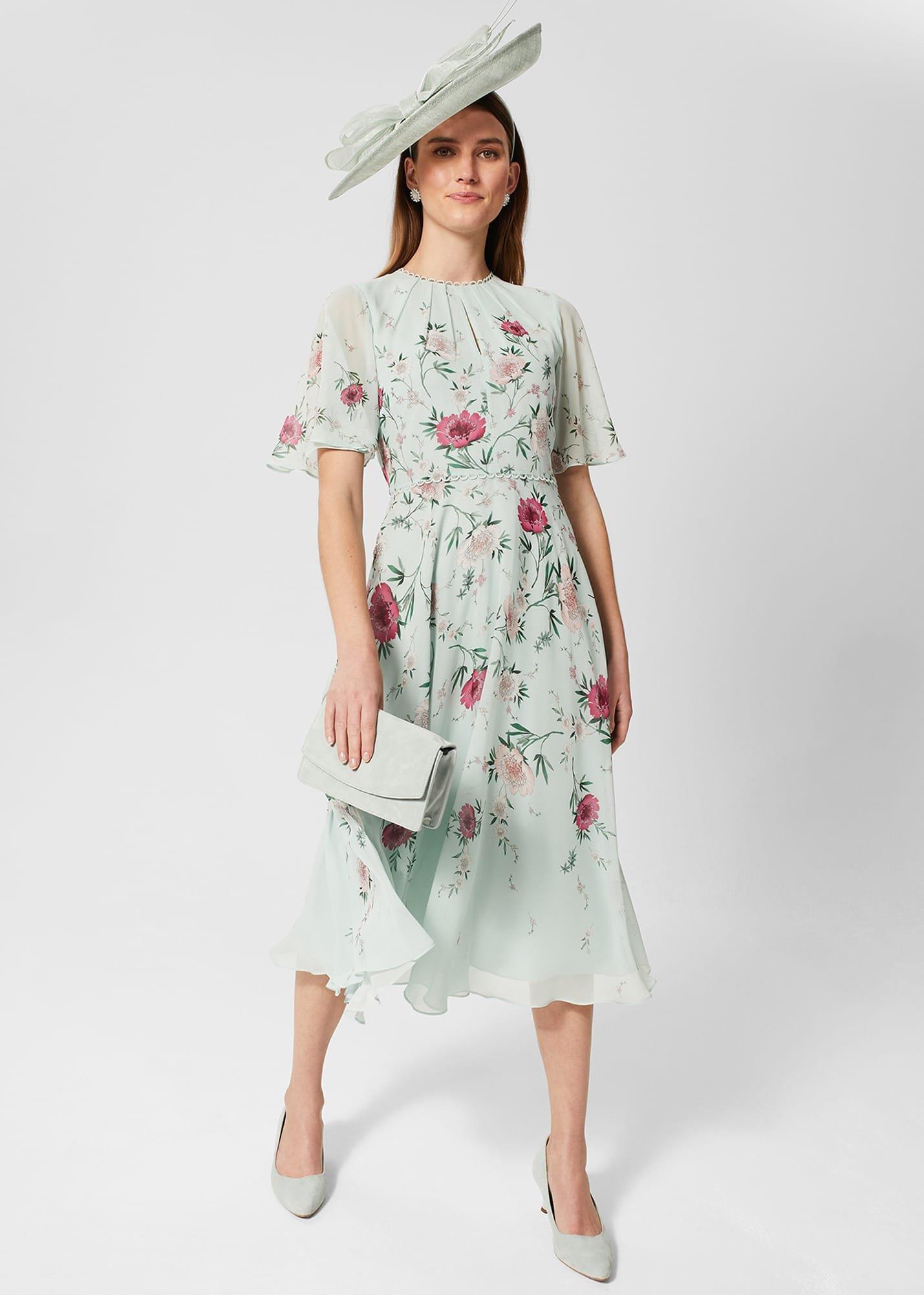 Priya Silk Floral Dress, Sage Green Pink, hi-res