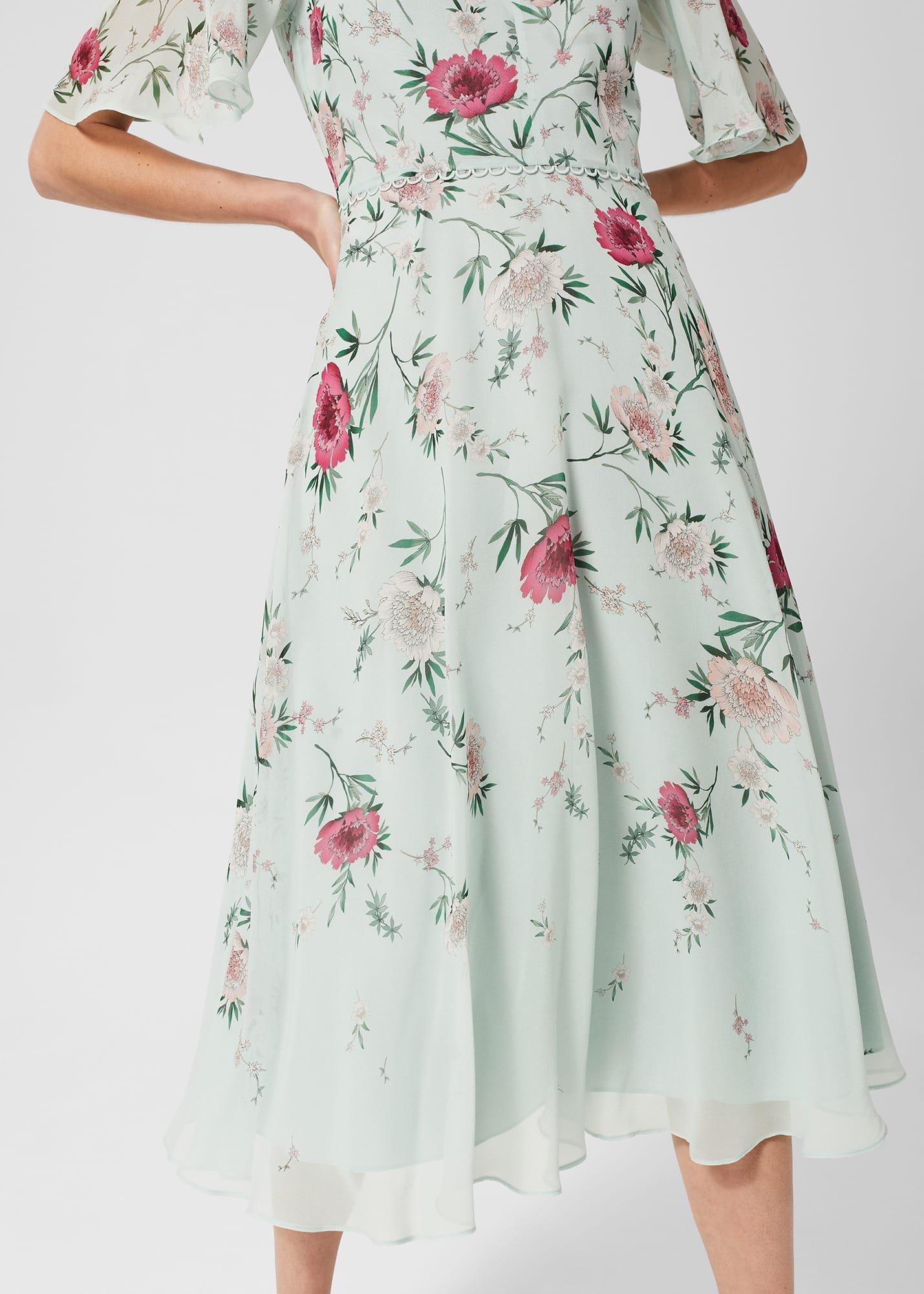 Priya Silk Floral Dress, Sage Green Pink, hi-res