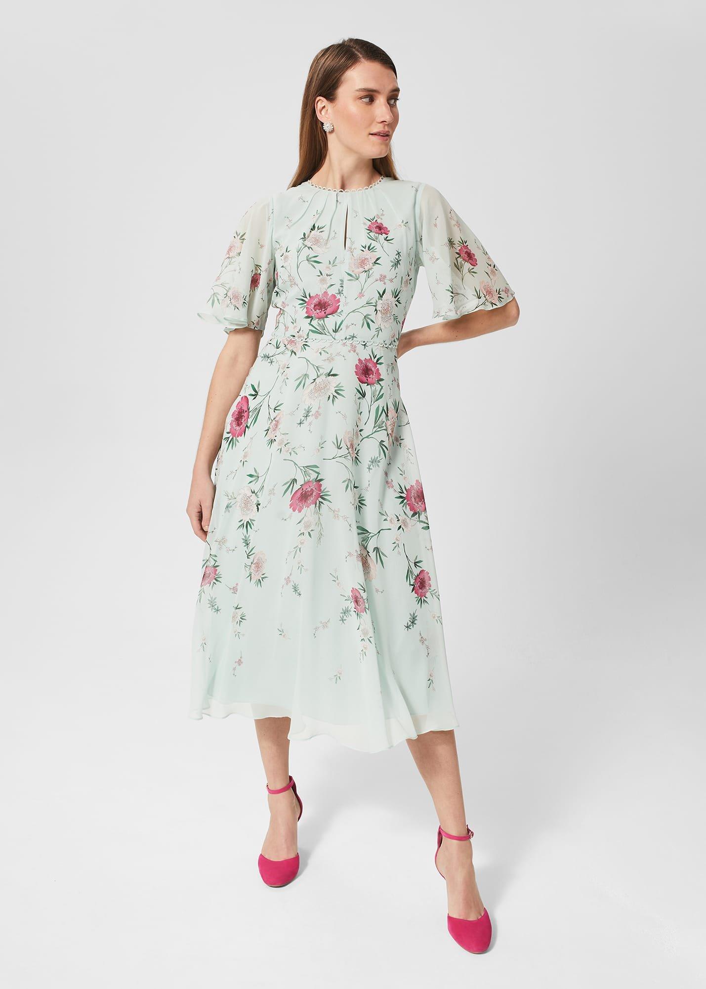 Priya Silk Floral Dress, Sage Green Pink, hi-res