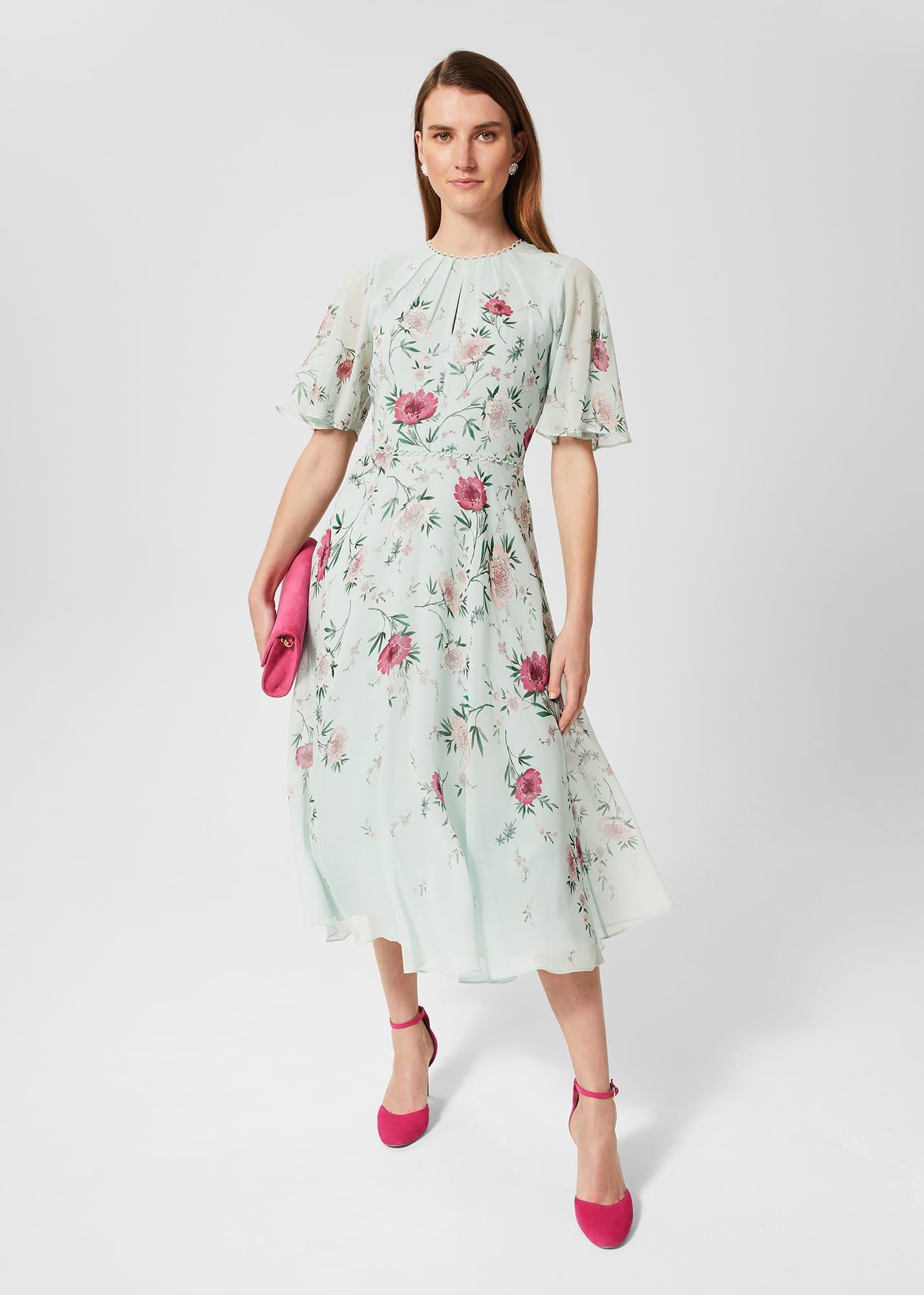 Priya Silk Floral Dress, Sage Green Pink, hi-res