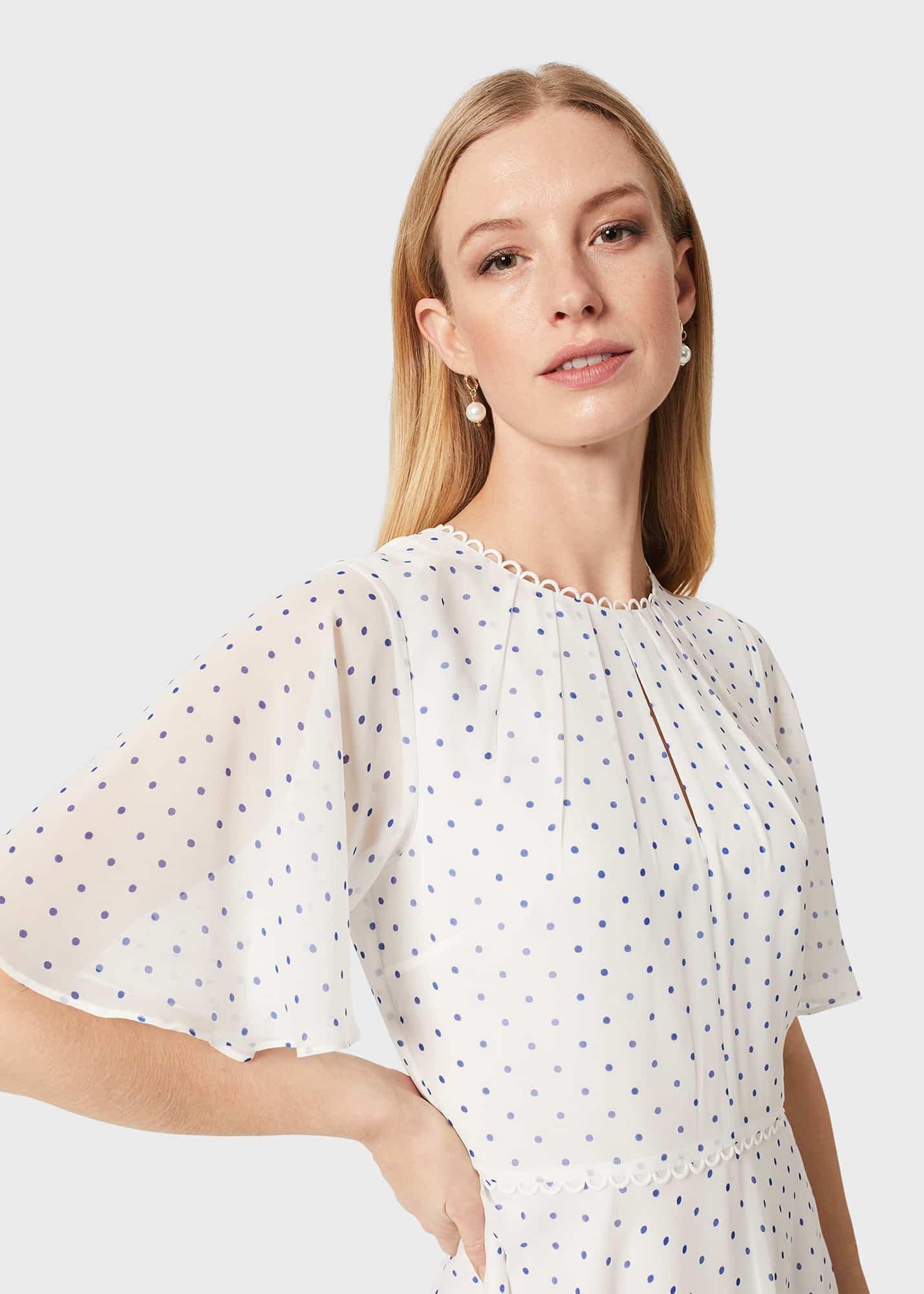 Priya Silk Spot Dress, Ivory Blue, hi-res