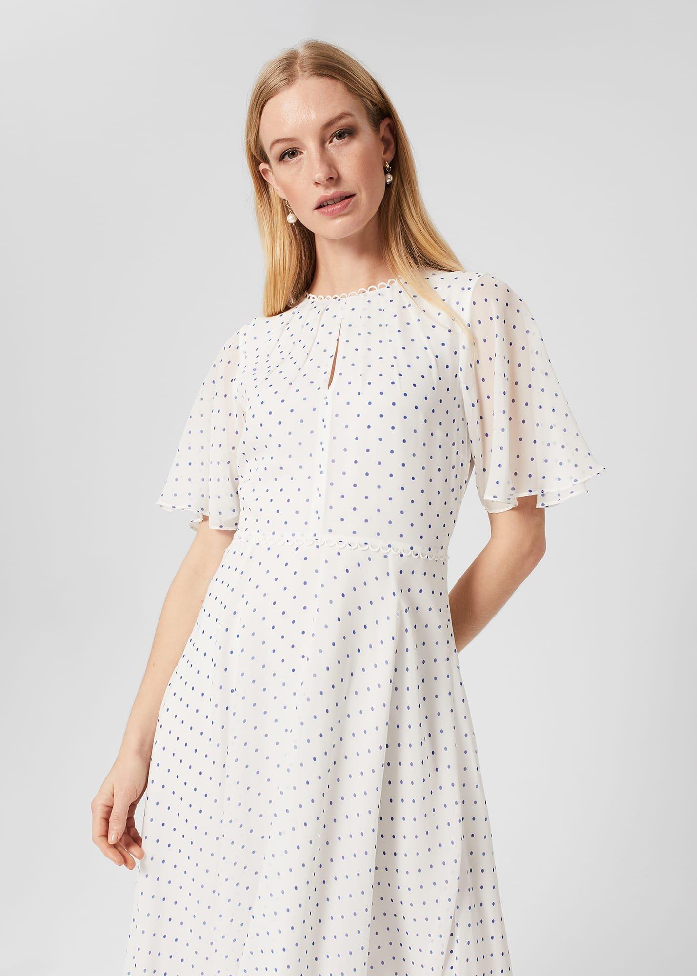 Priya Silk Spot Dress, Ivory Blue, hi-res