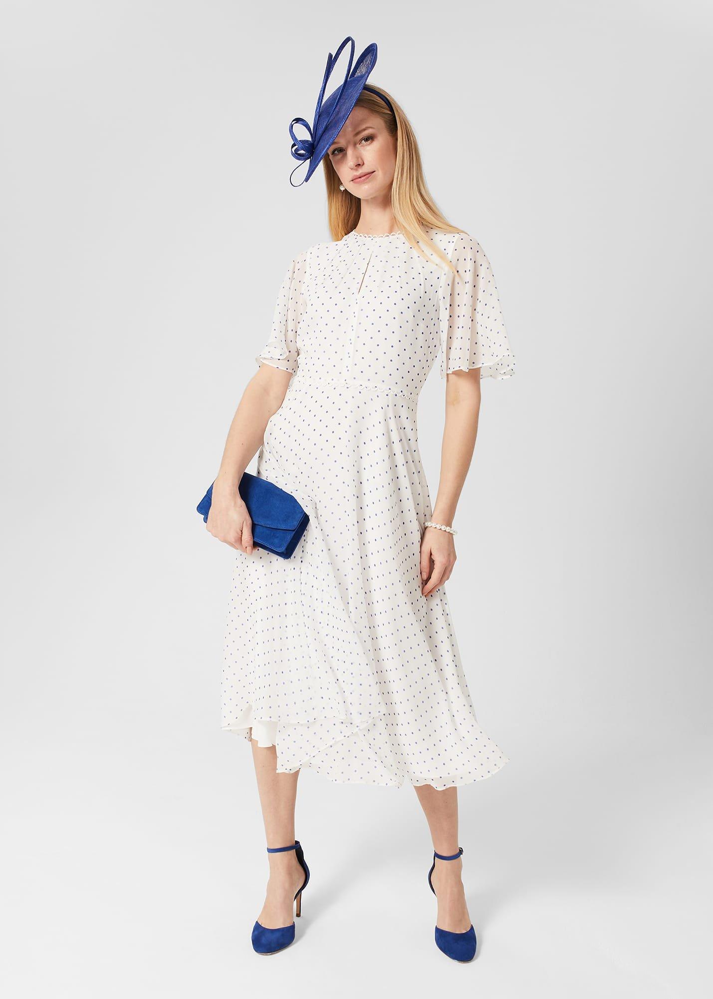 Priya Silk Spot Dress, Ivory Blue, hi-res