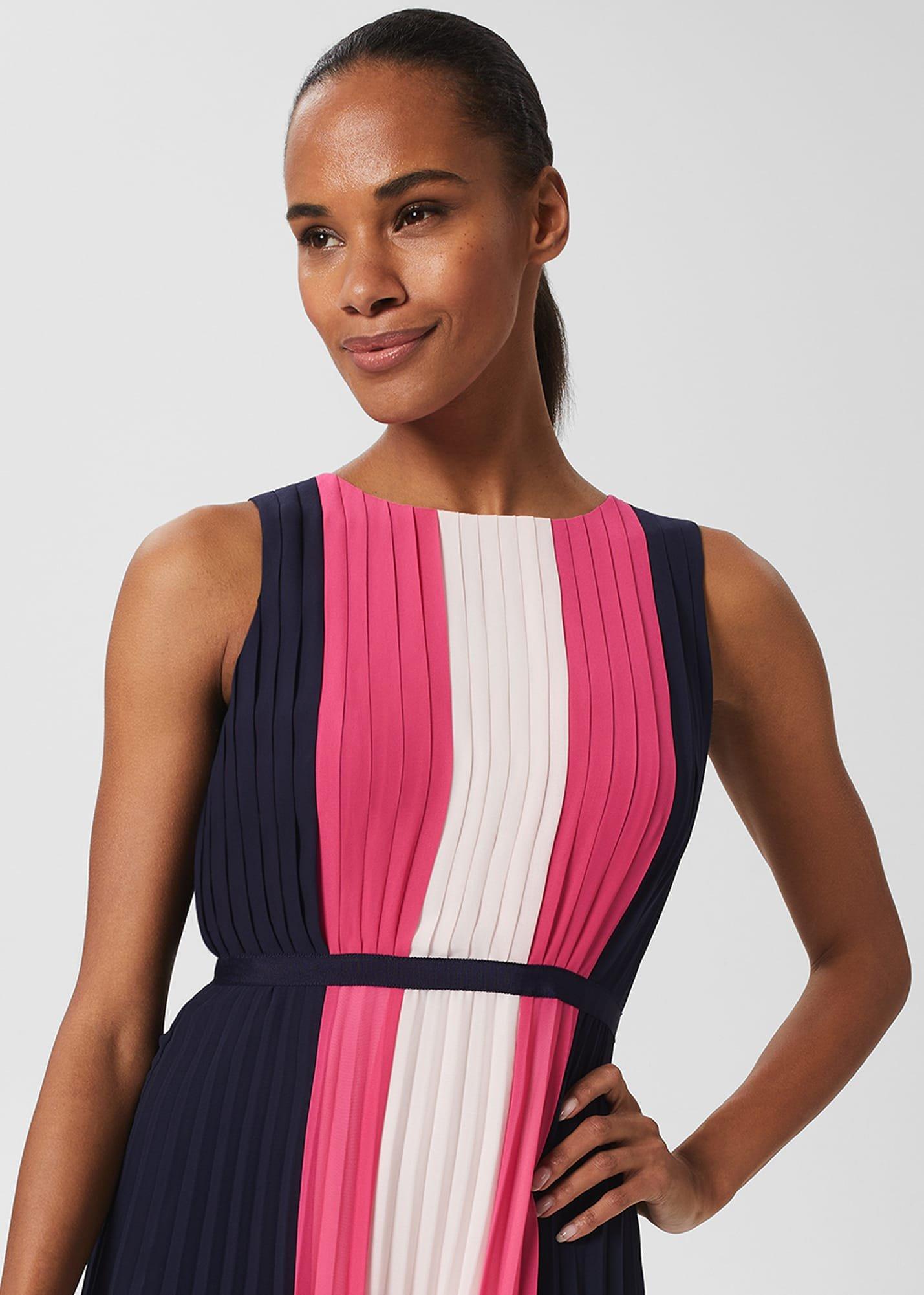 Claudia Pleated Fit And Flare Dress, Navy Pink Multi, hi-res