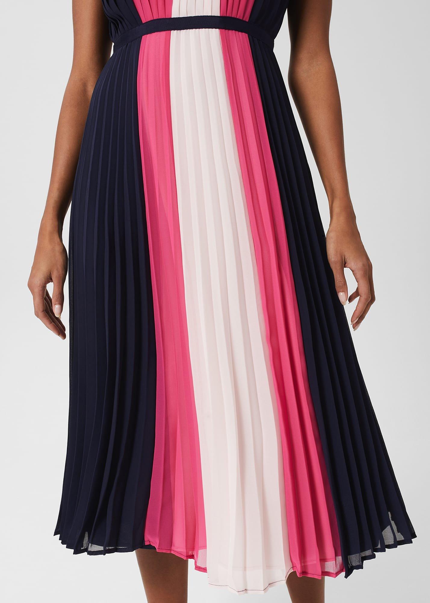 Claudia Pleated Fit And Flare Dress, Navy Pink Multi, hi-res