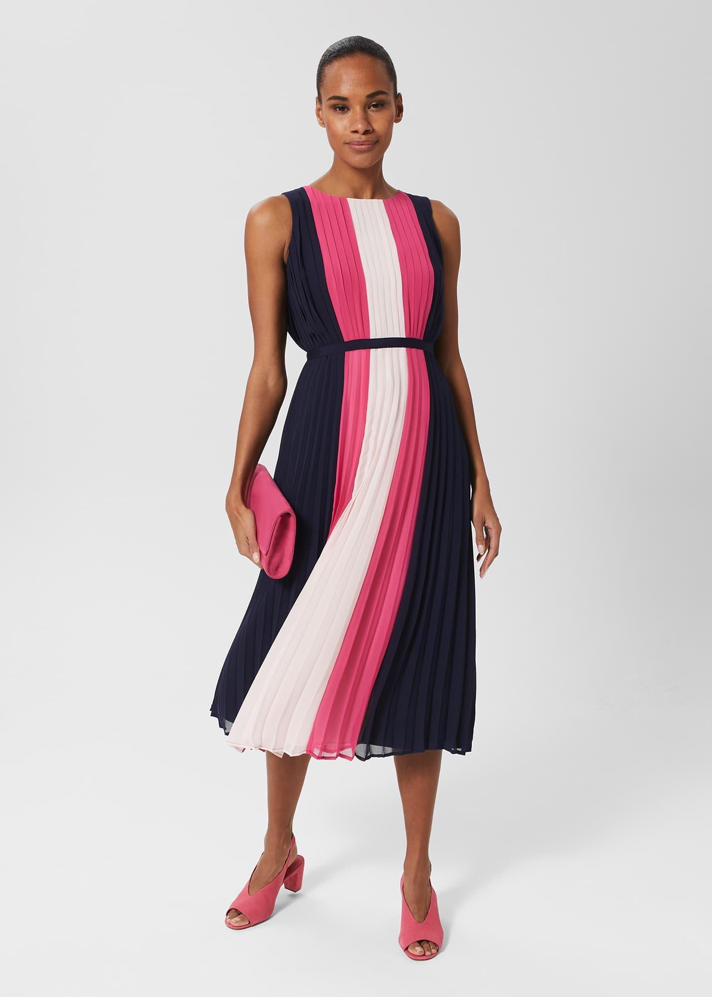 Claudia Pleated Fit And Flare Dress, Navy Pink Multi, hi-res