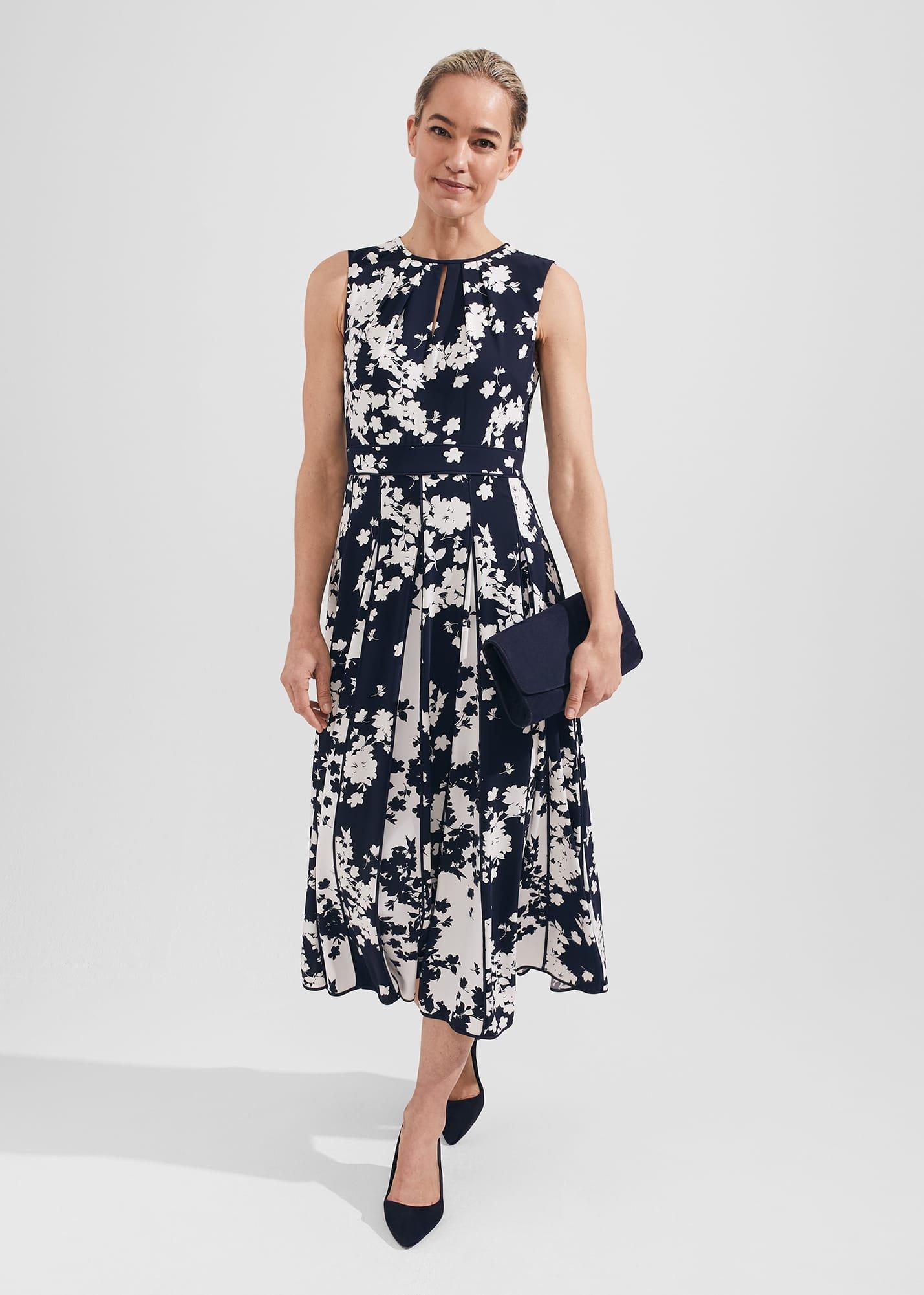 Angelica Floral Pleated Dress, Midnight Ivory, hi-res