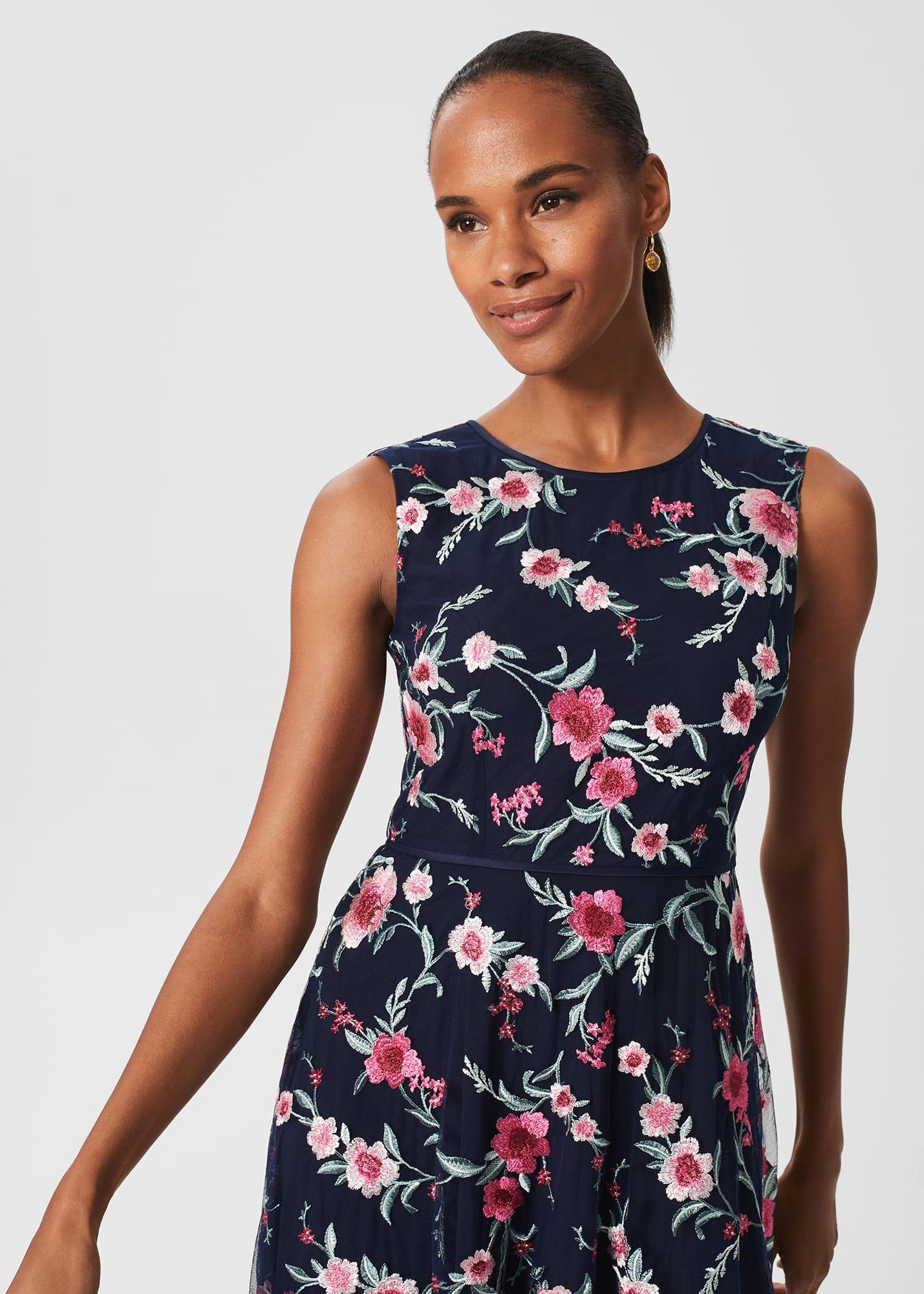 Rosella Embroidered Floral Dress, Navy Pink Multi, hi-res