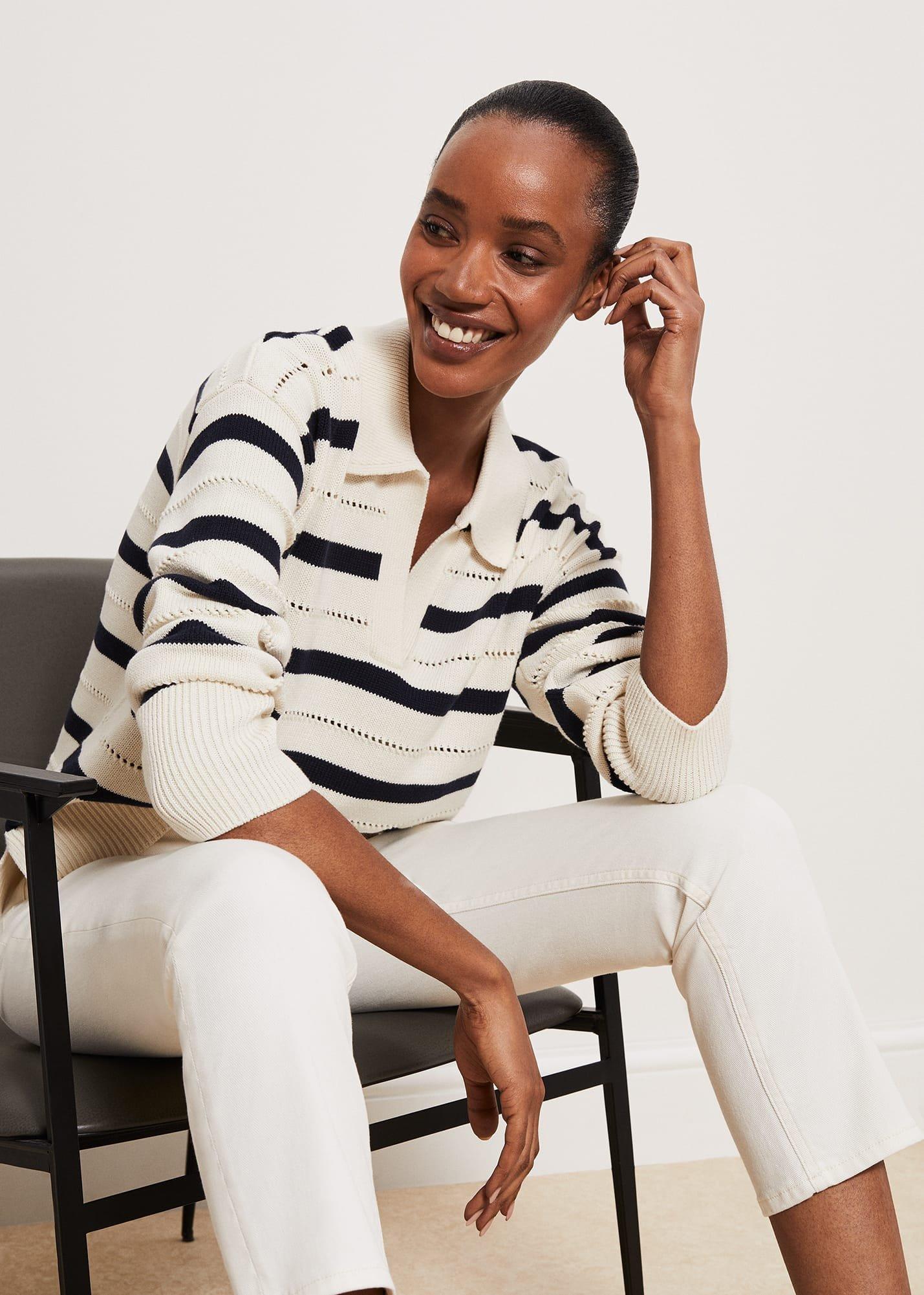 Beauford Polo Jumper, Cream Navy, hi-res