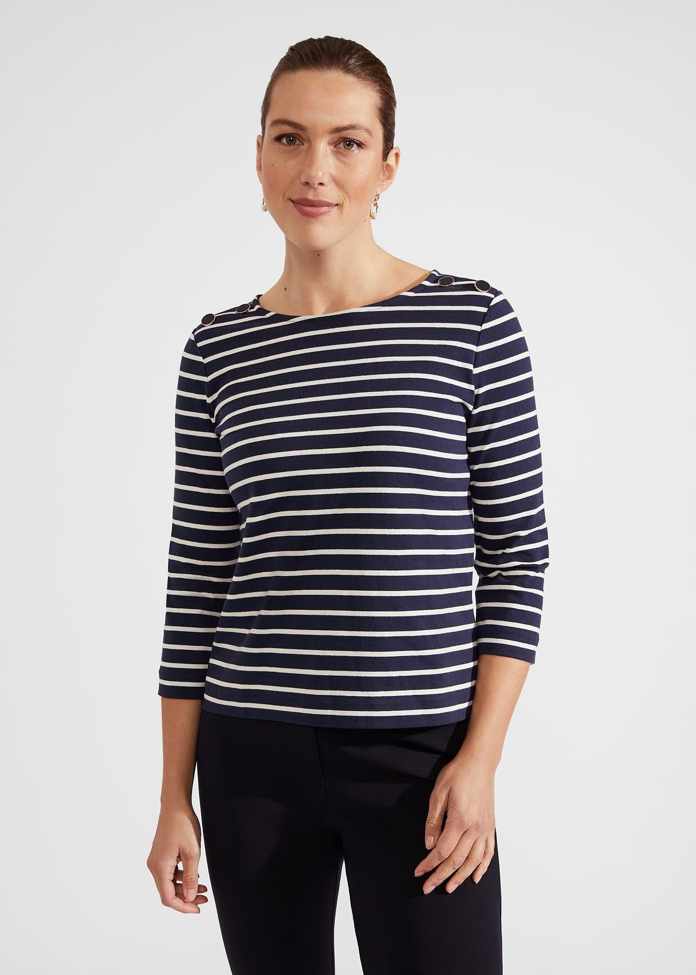 Tafara Stripe Cotton Top, Navy Ivory, hi-res